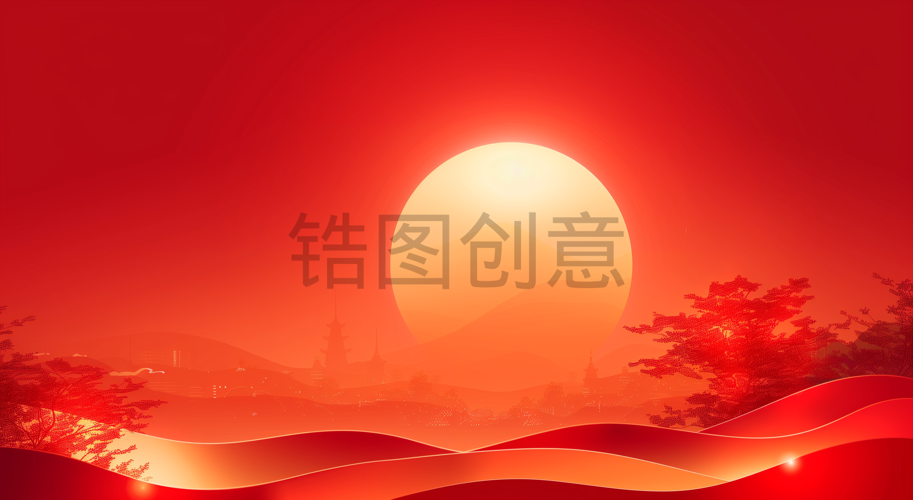 橙色渐变中国风意境城市建筑风光素材背景