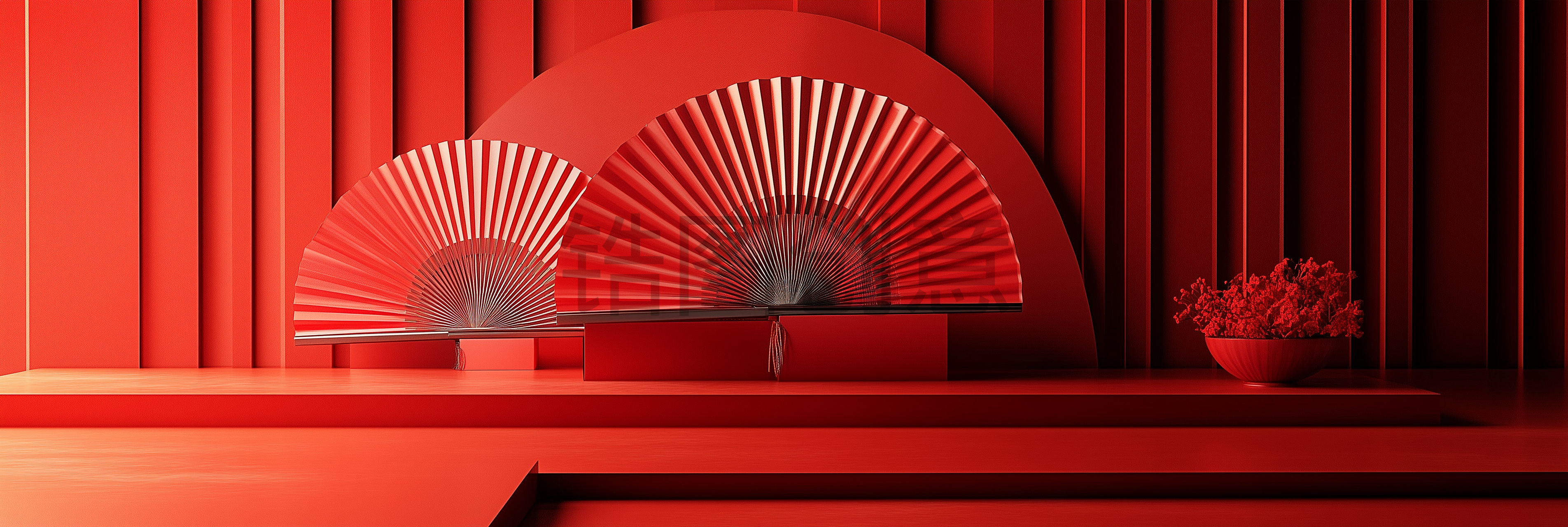 红色扇面中国风展台3D场景背景