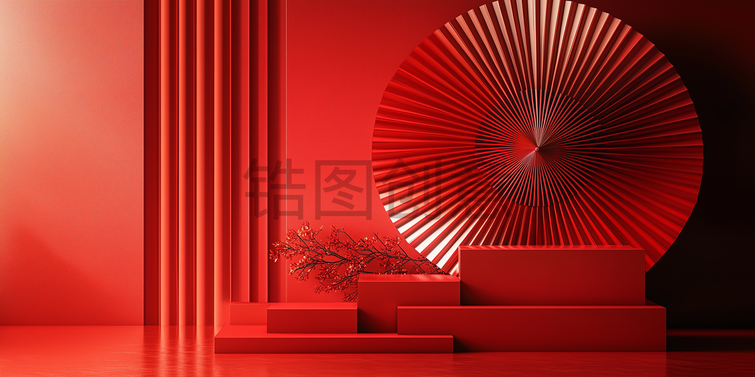 红色扇面中国风展台3D场景背景