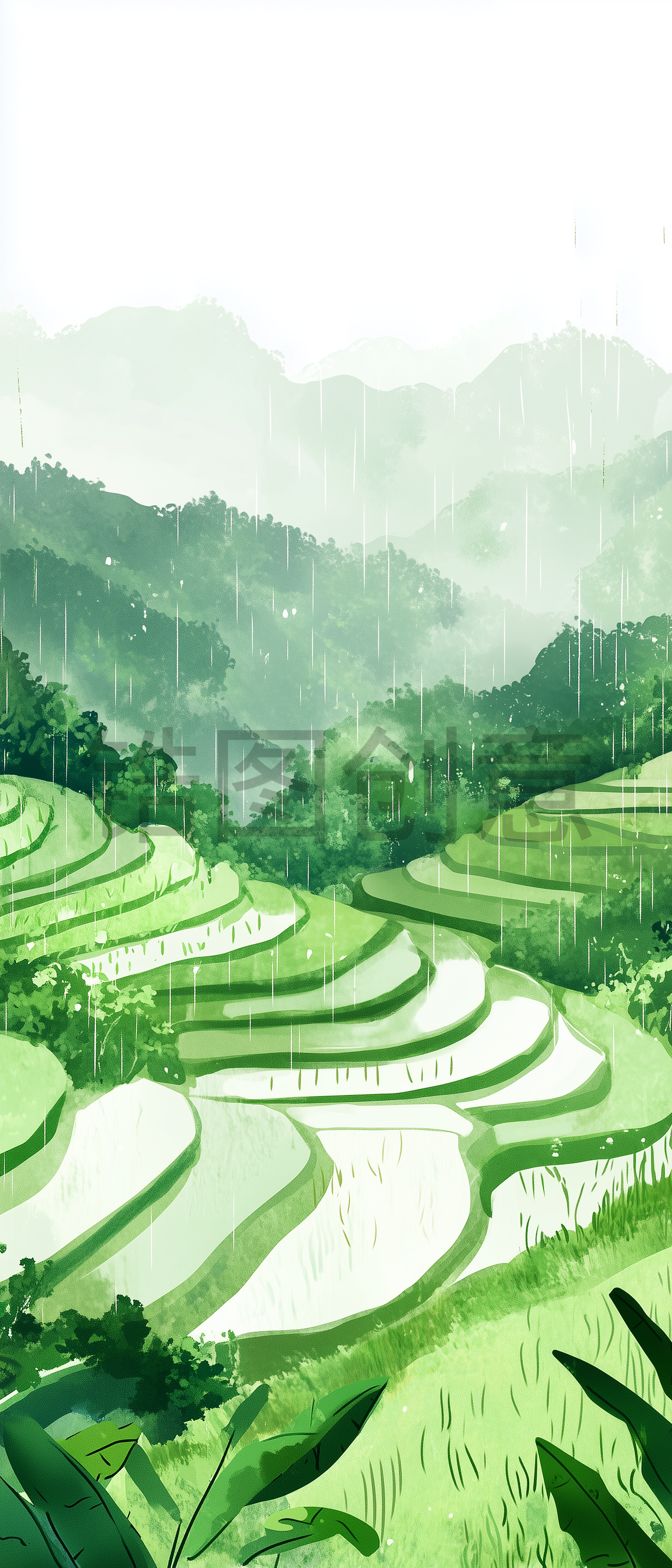 AI数字艺术中国农村乡村梯田田园风情插画风景