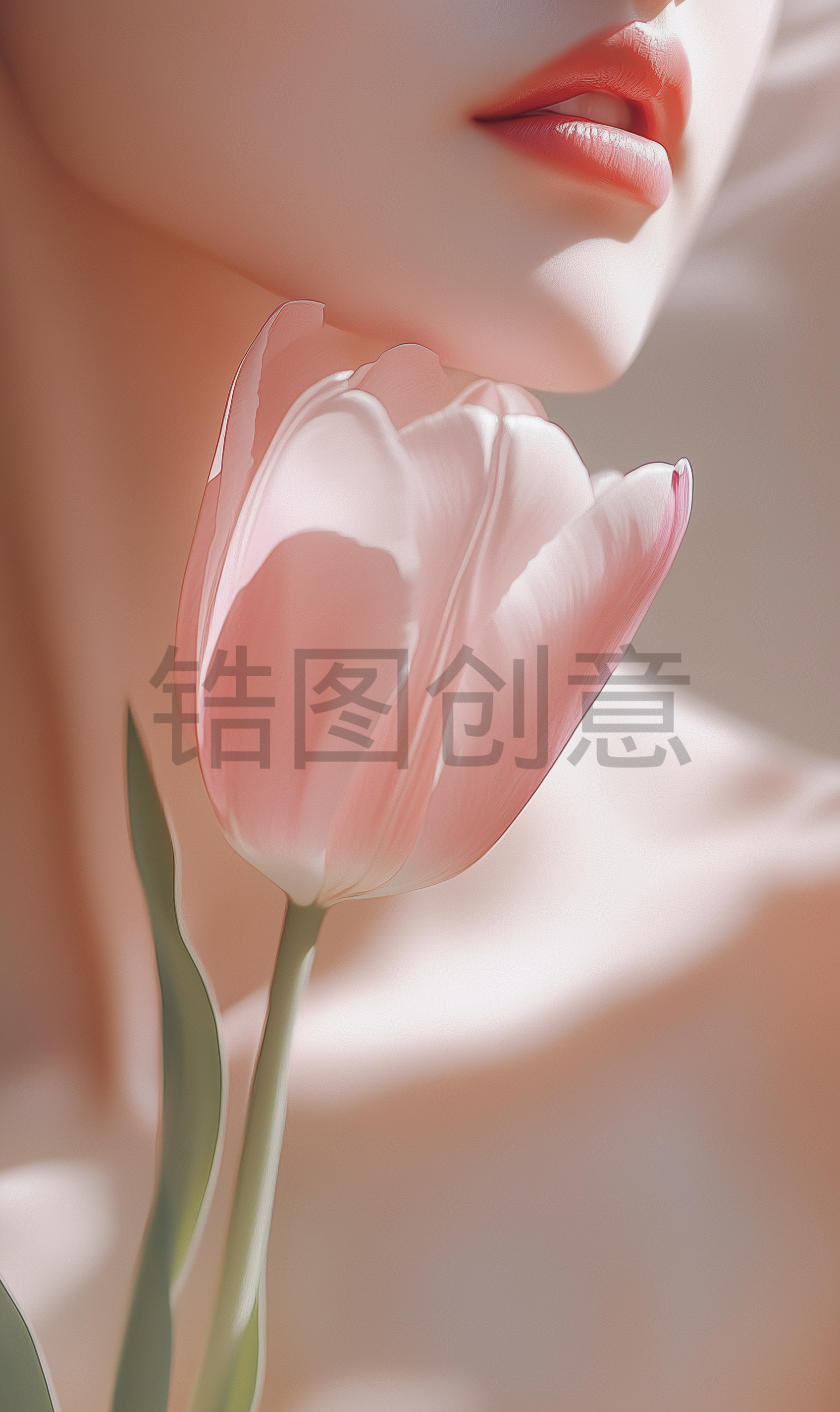 近距离的肖像美丽的女人的脸明亮的妆和完美的皮肤与郁金香在粉红色的背景