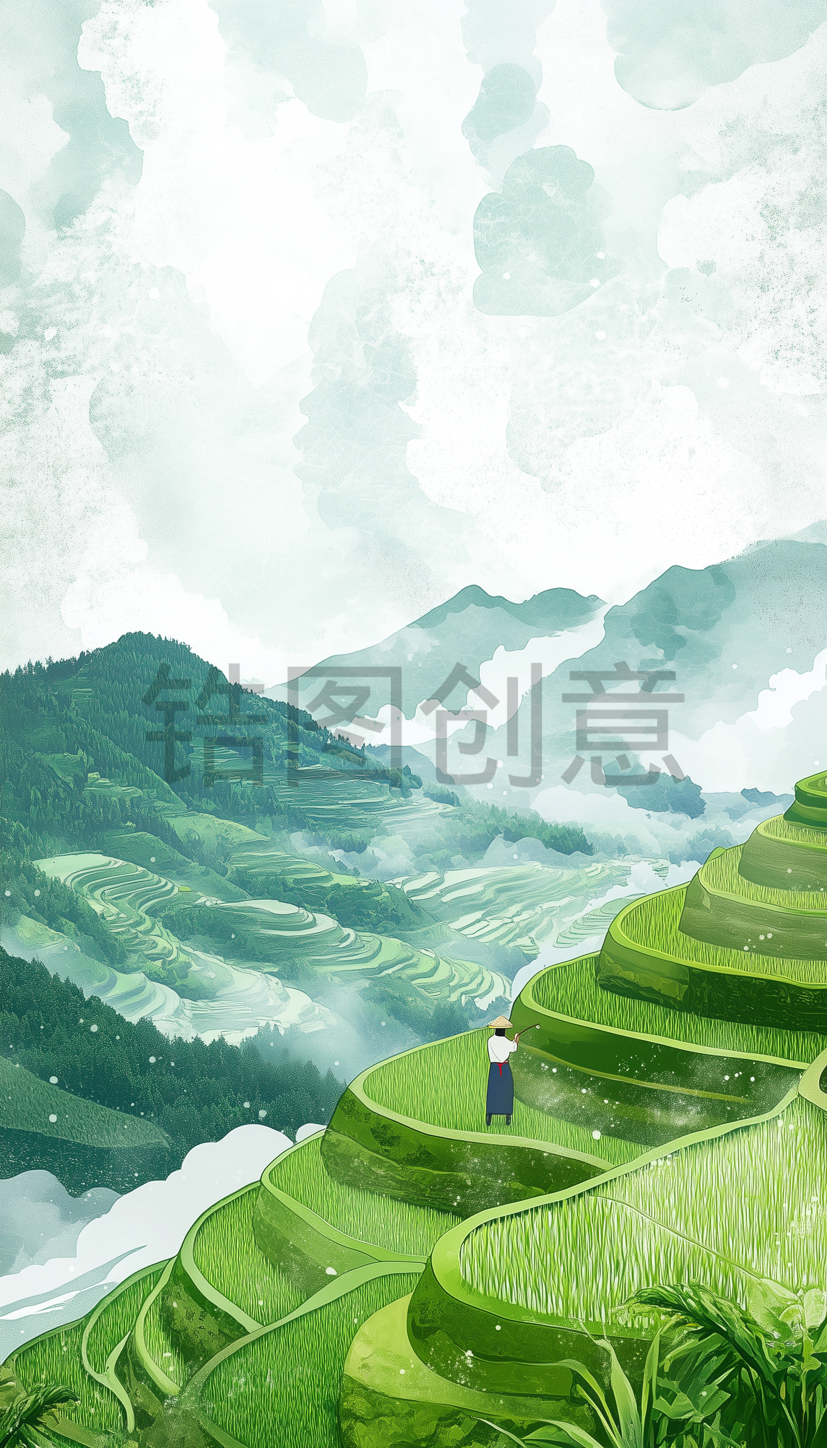 AI数字艺术中国农村乡村梯田农田田园风情风景
