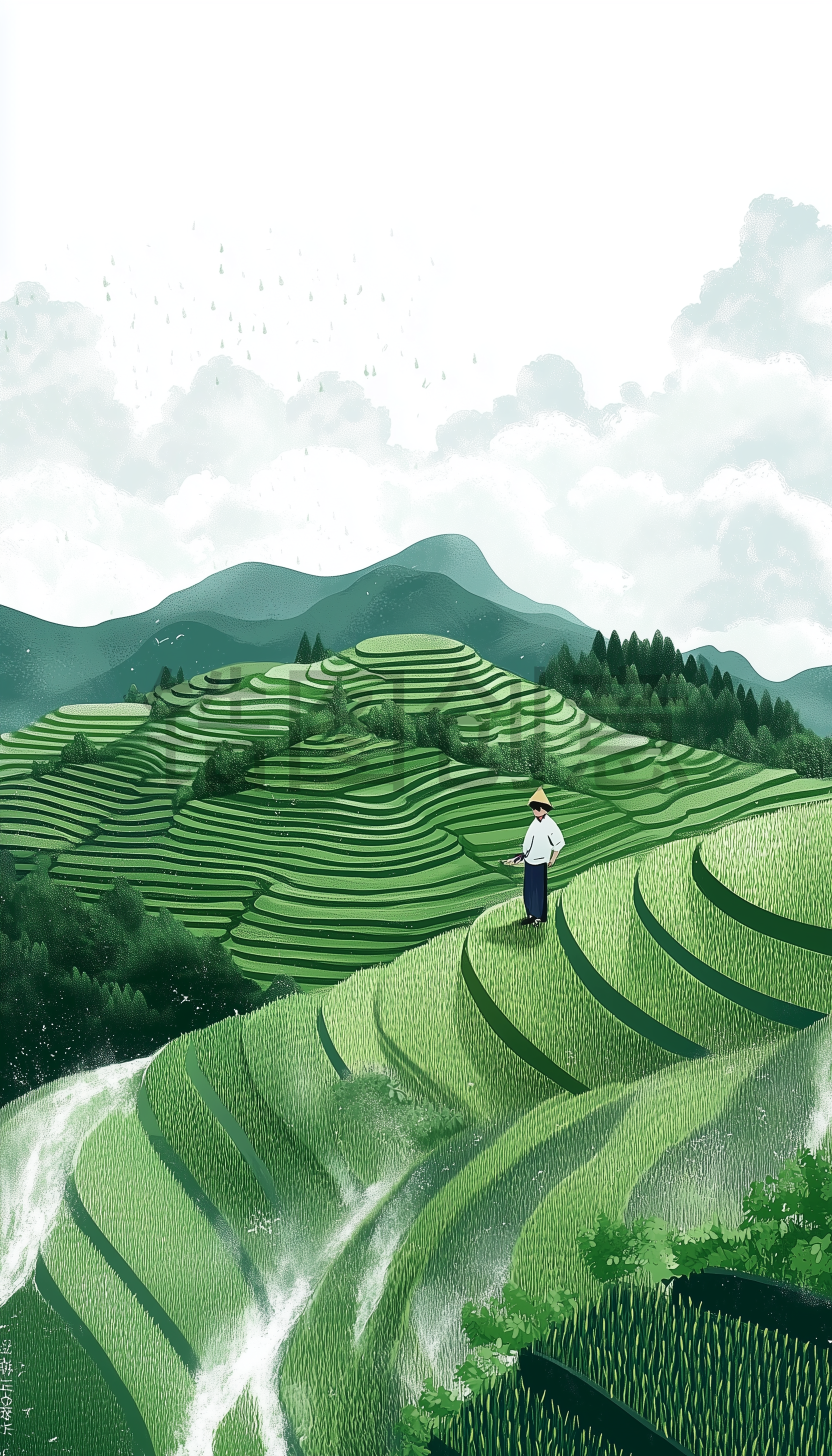 AI数字艺术中国农村乡村梯田农田田园风情插画风景