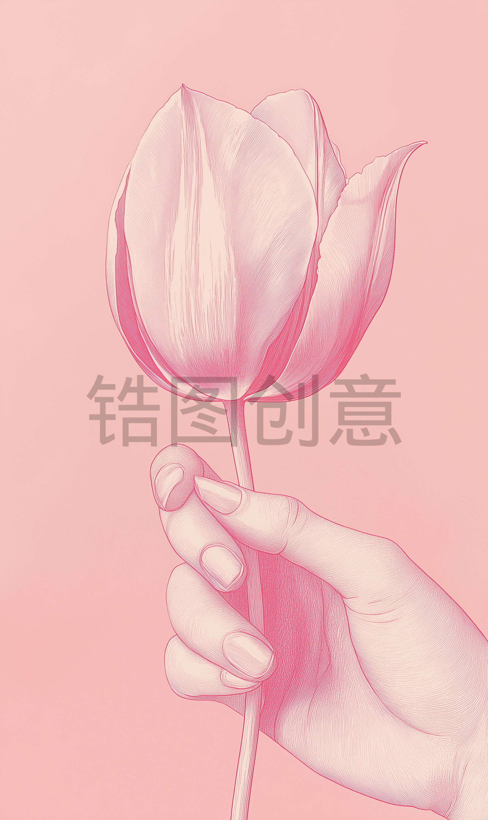 手捧粉红背景上的一朵郁金香花背景