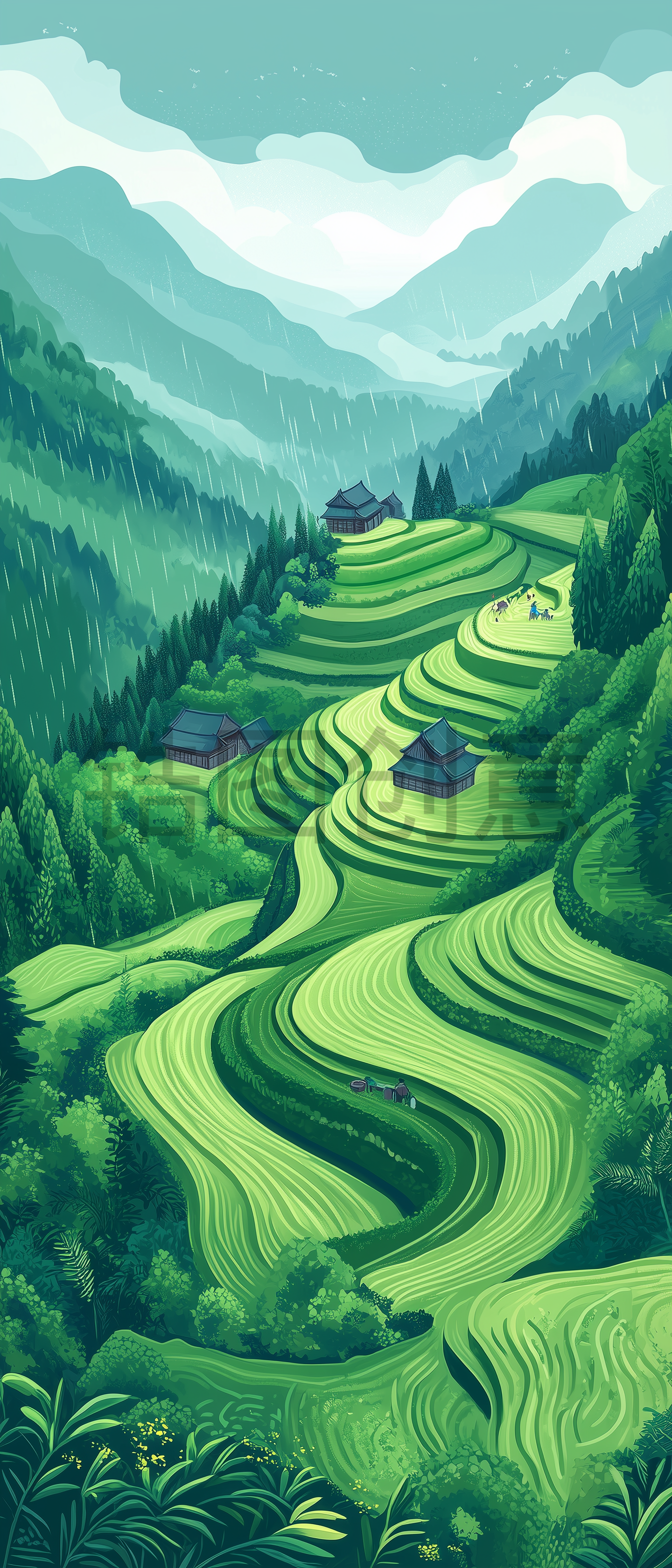 AI数字艺术中国农村乡村梯田田园风情插画风景