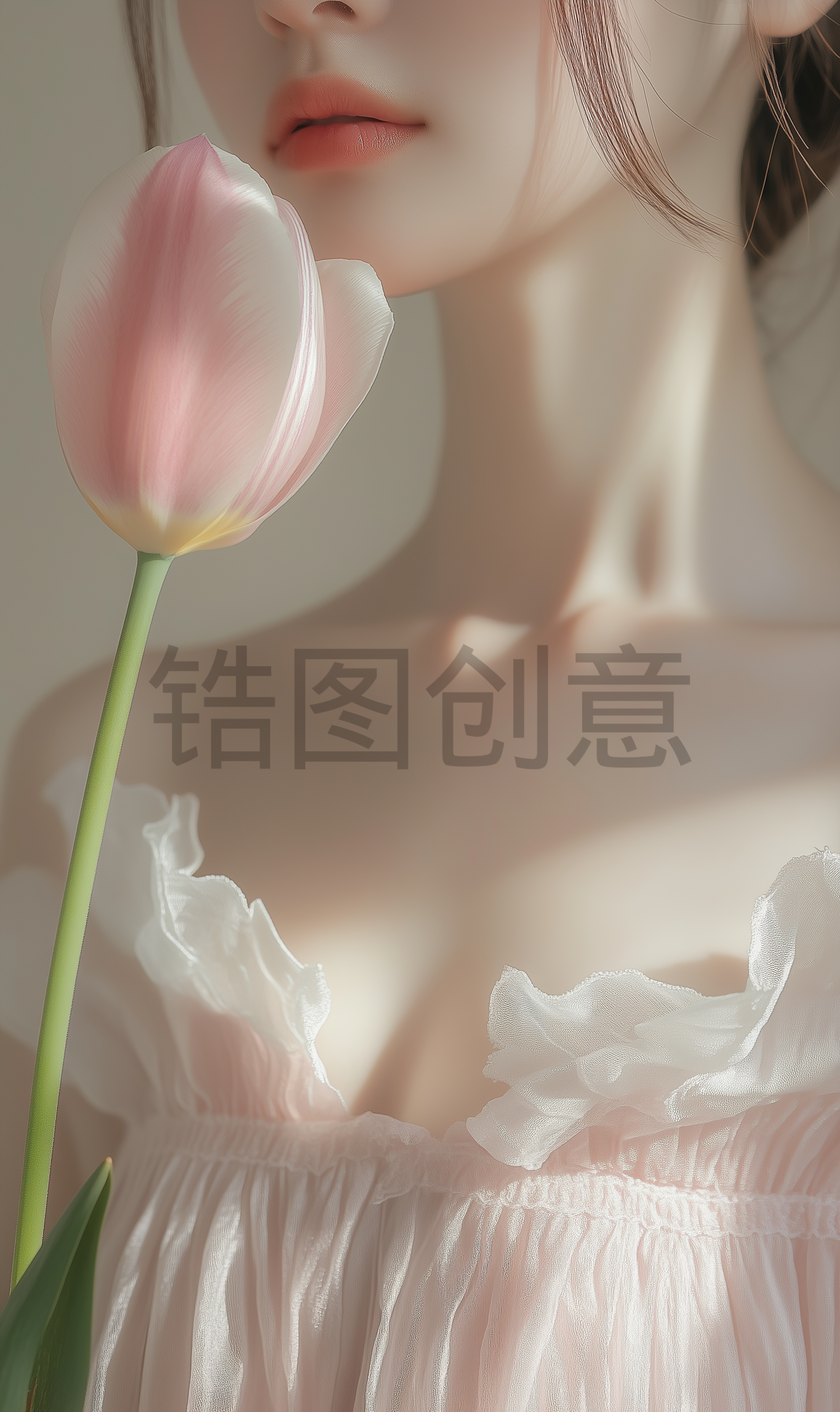 近距离的肖像美丽的女人的脸明亮的妆和完美的皮肤与郁金香在粉红色的背景