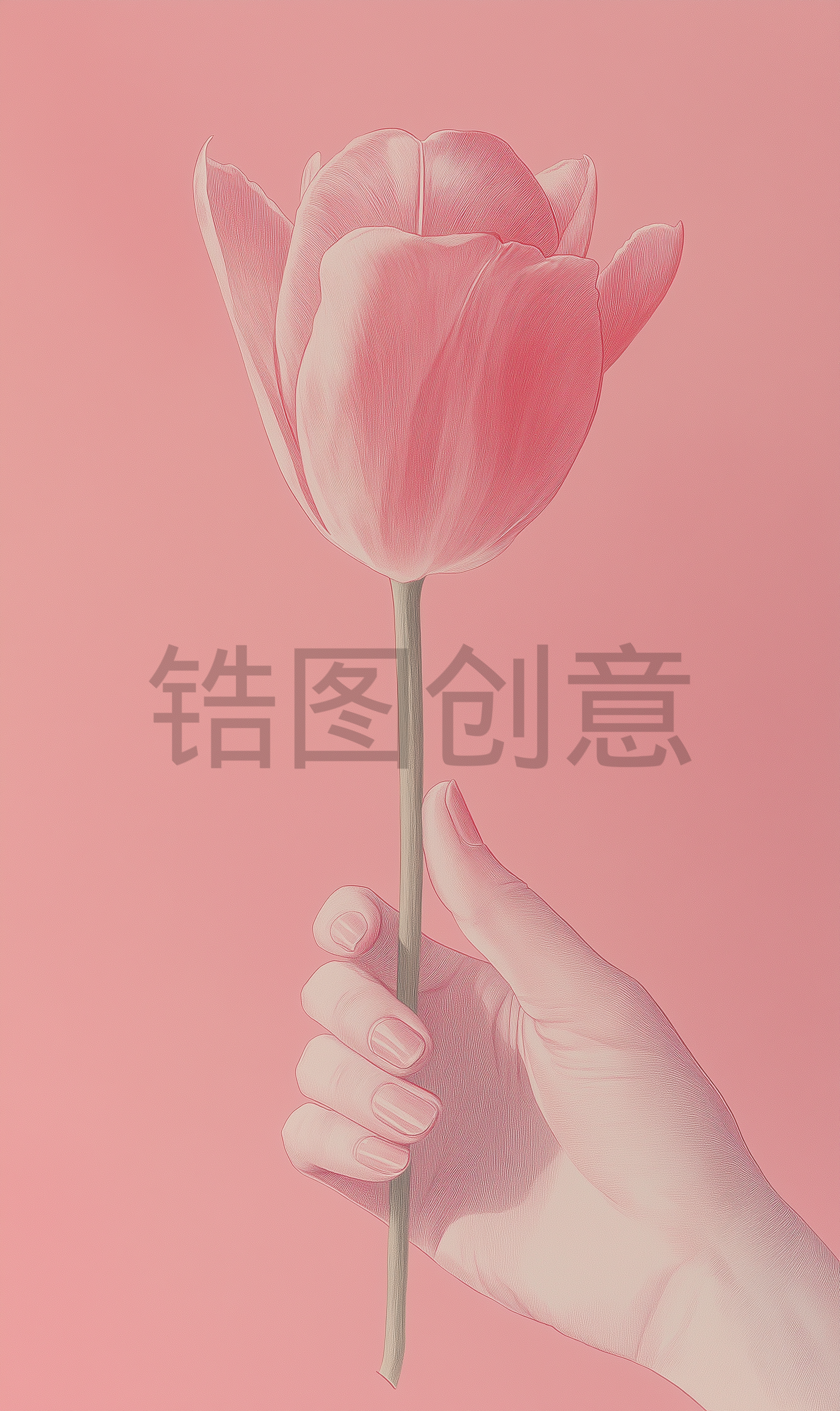 手捧粉红背景上的一朵郁金香花背景