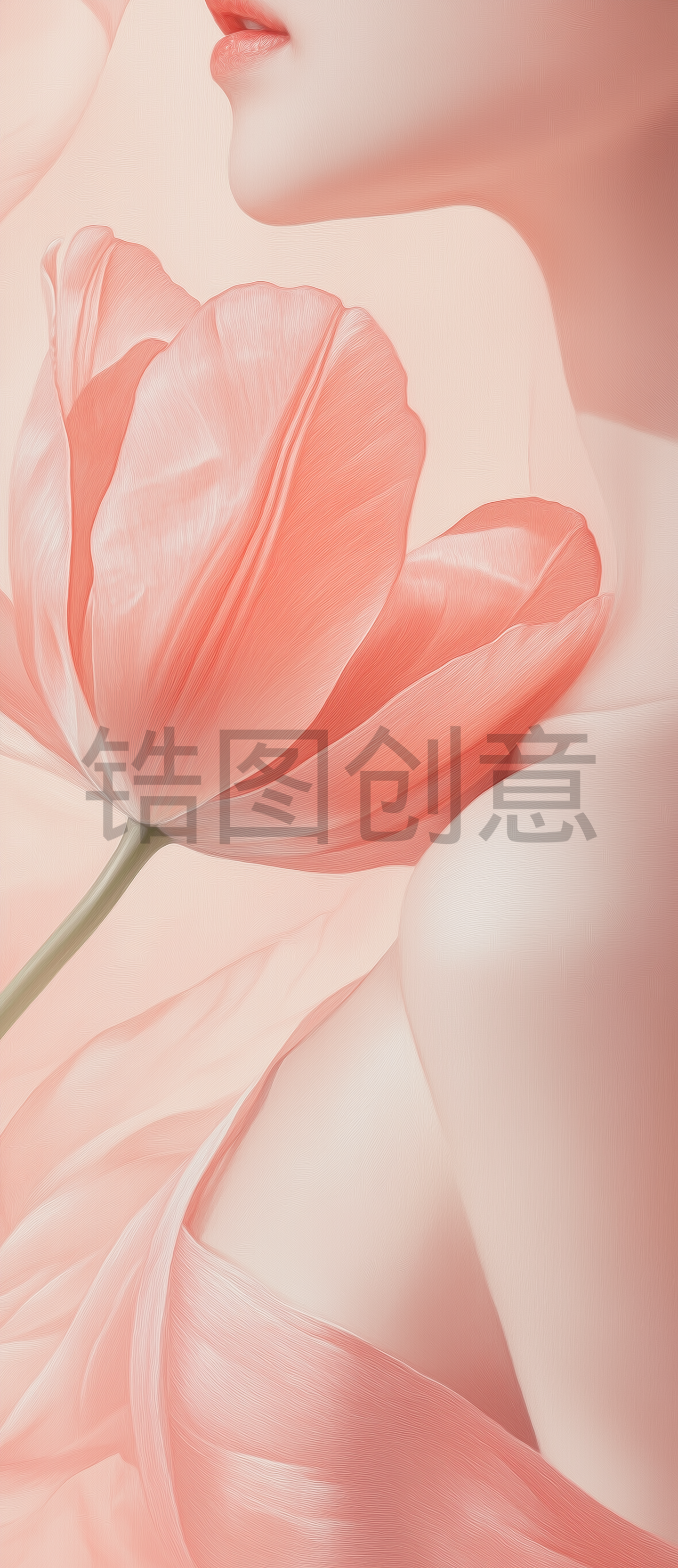 近距离肖像美丽的女人的脸明亮的妆和完美的皮肤与在粉红色的花背景