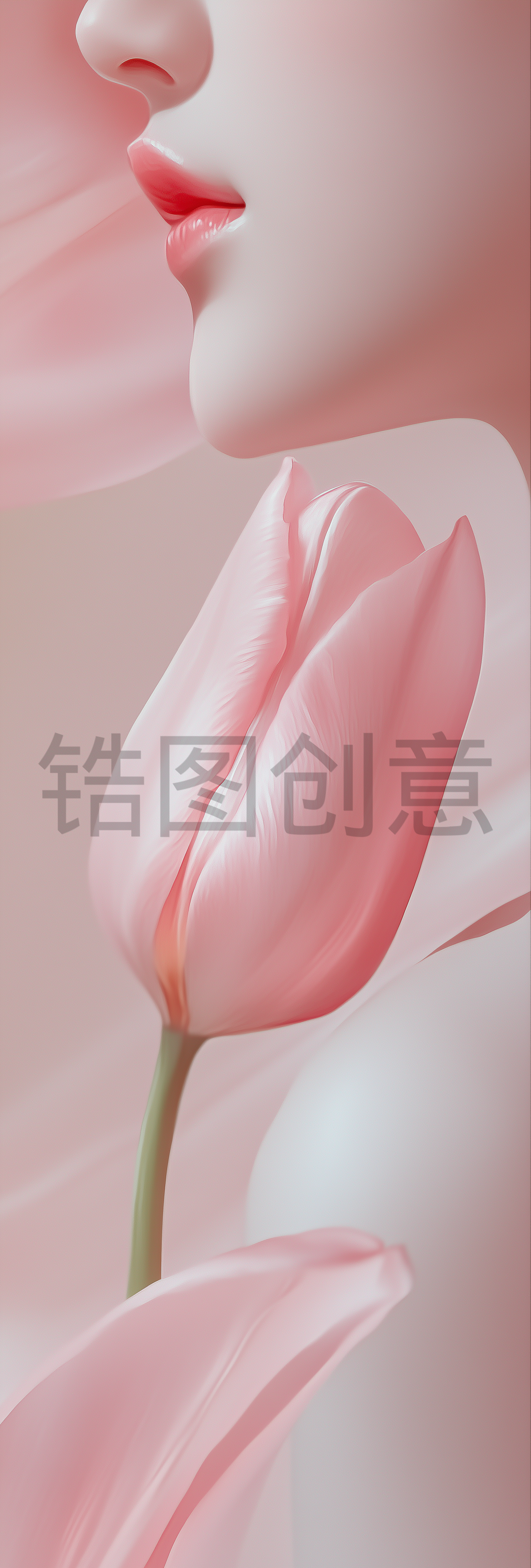 近距离的肖像美丽的女人的脸明亮的妆和完美的皮肤与郁金香在粉红色的背景