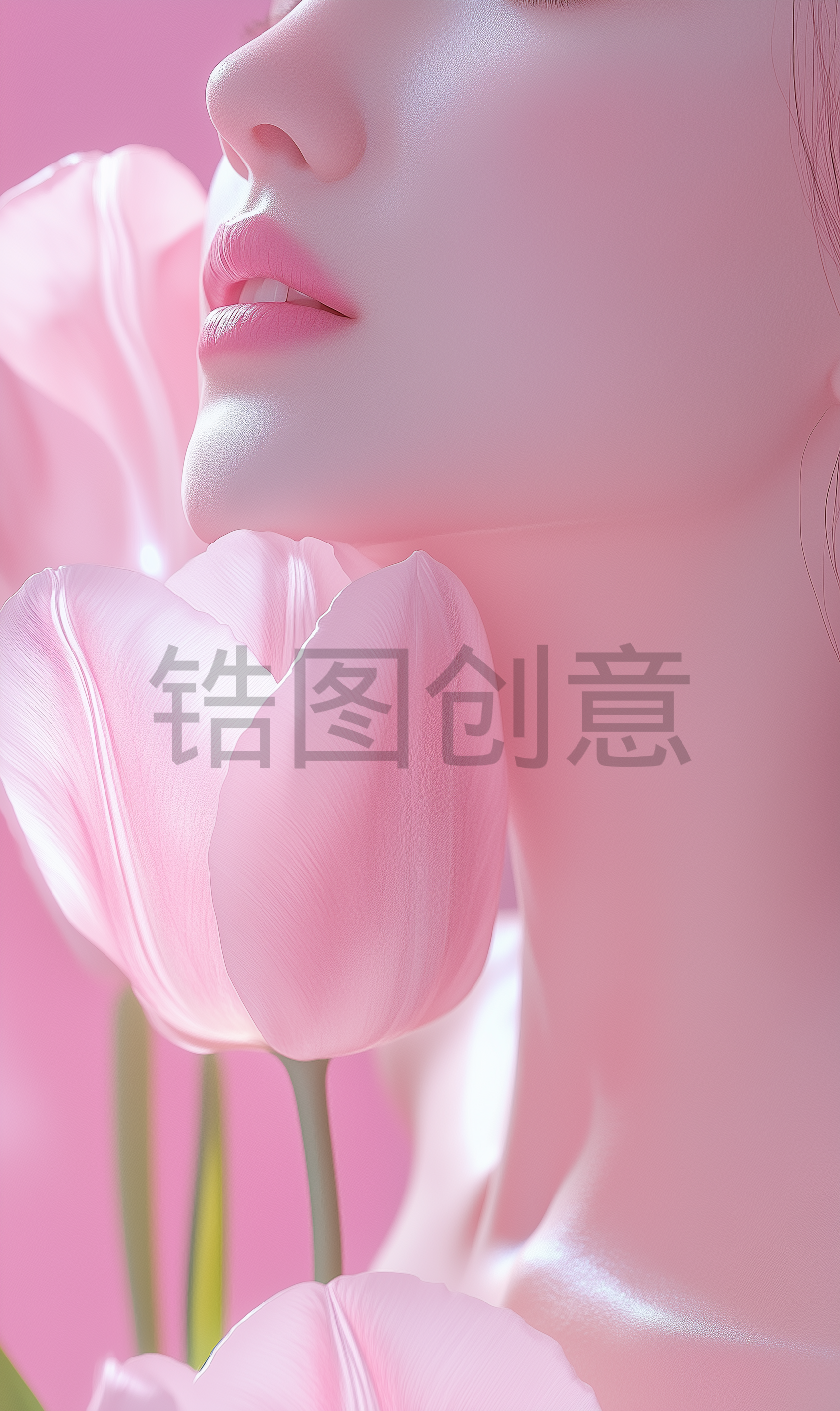 近距离的肖像美丽的女人的脸明亮的妆和完美的皮肤与郁金香在粉红色的背景