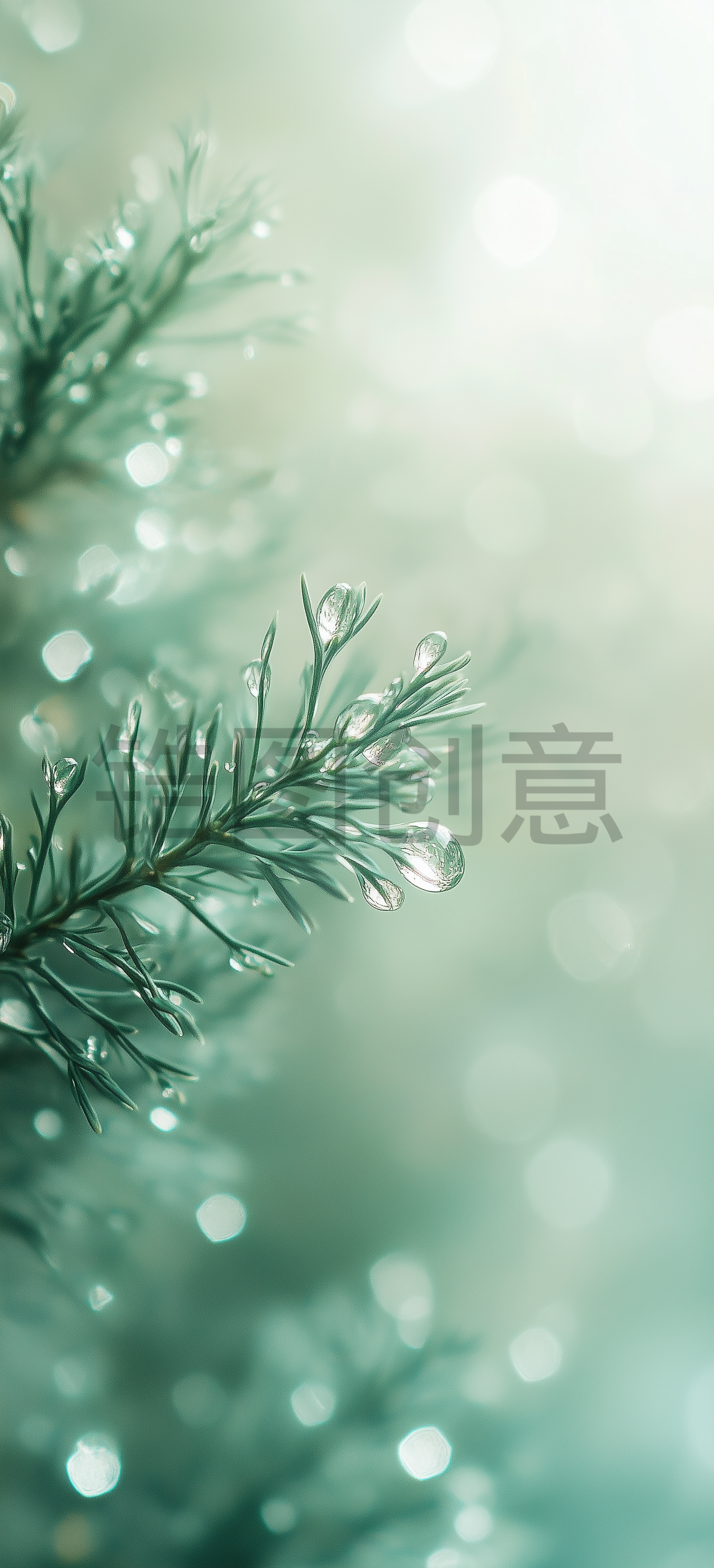 松树松枝上的雨水水珠水滴特写