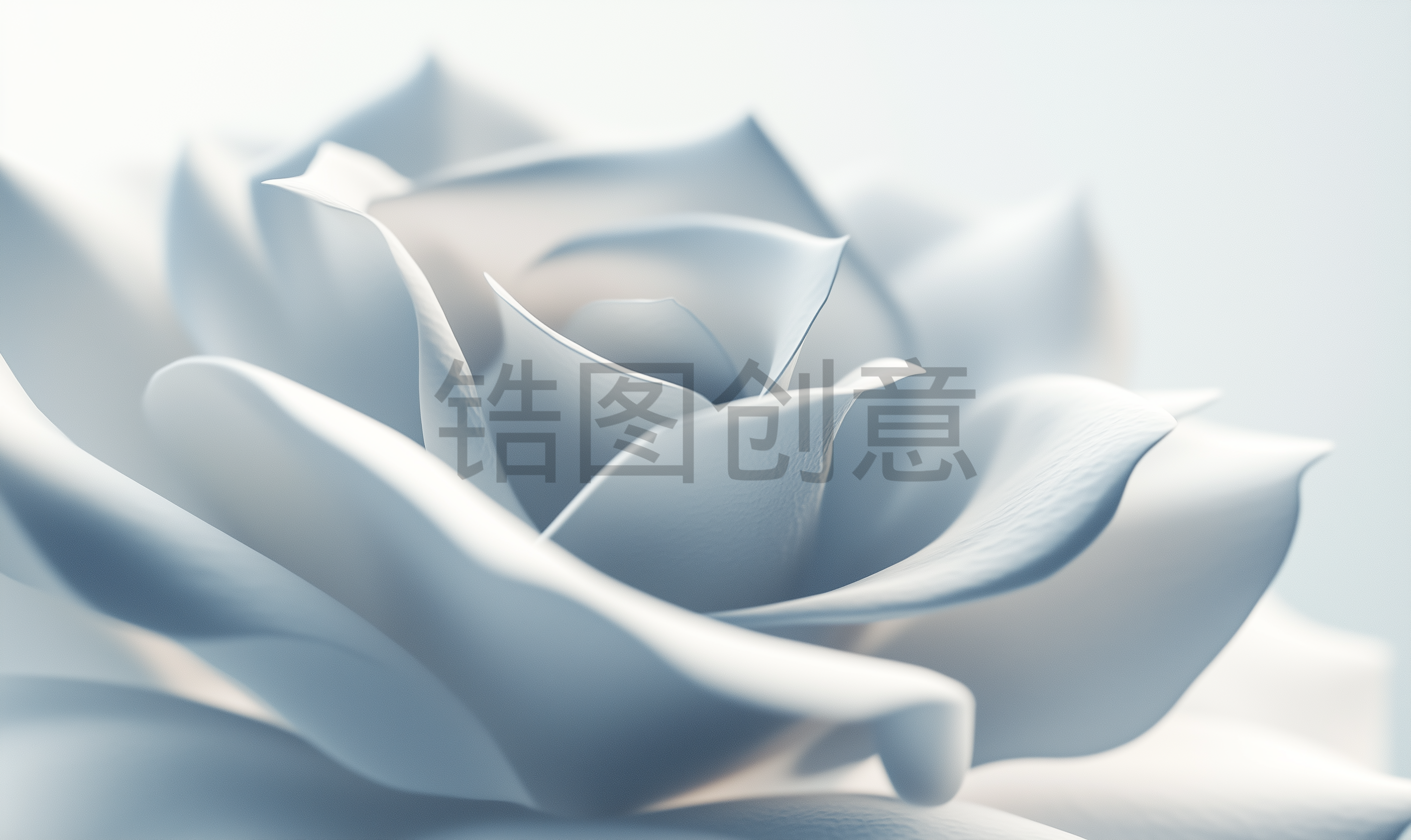近距离拍摄由白纸材料制成的大型花瓣状结构，低角度拍摄，以cinema4D风格呈现，淡蓝色和灰色调背景
