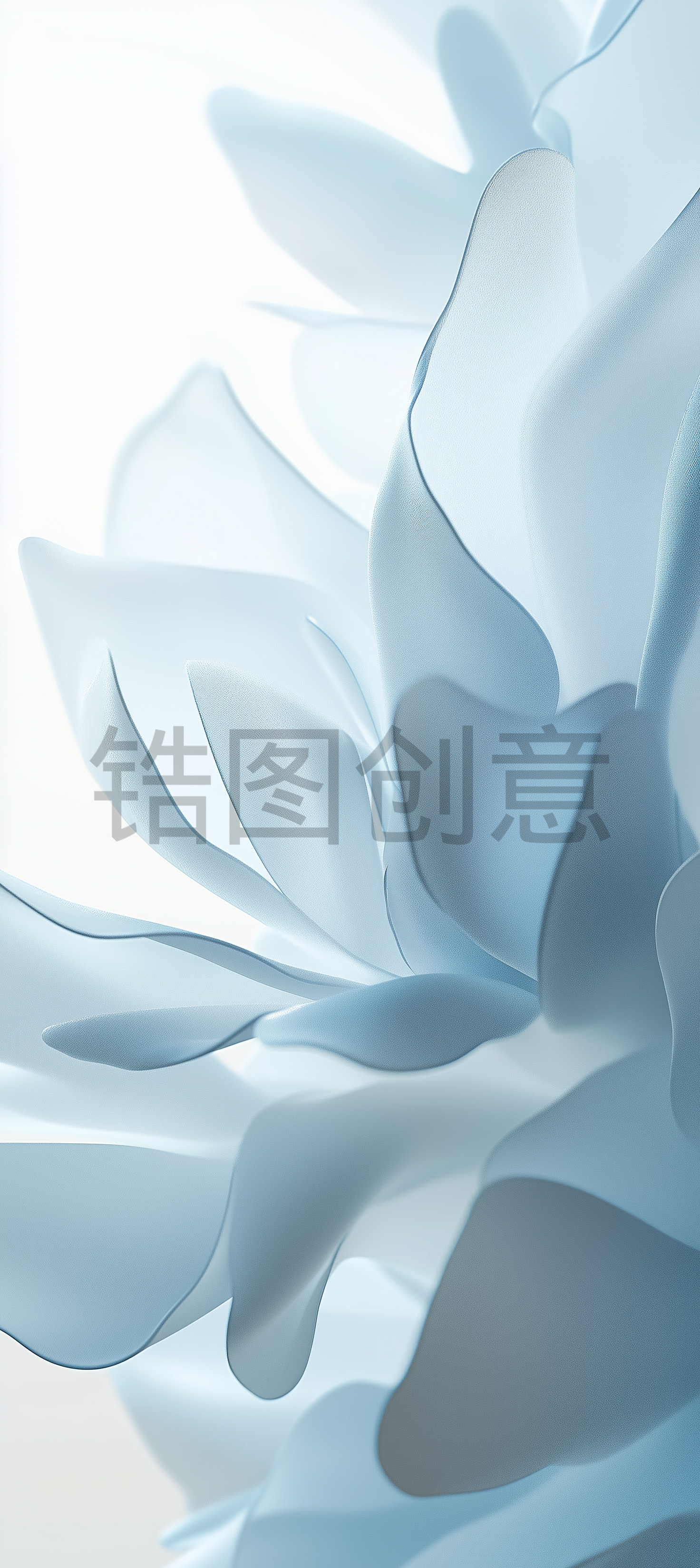 近距离拍摄由白纸材料制成的大型花瓣状结构，低角度拍摄，以cinema4D风格呈现，淡蓝色和灰色调背景