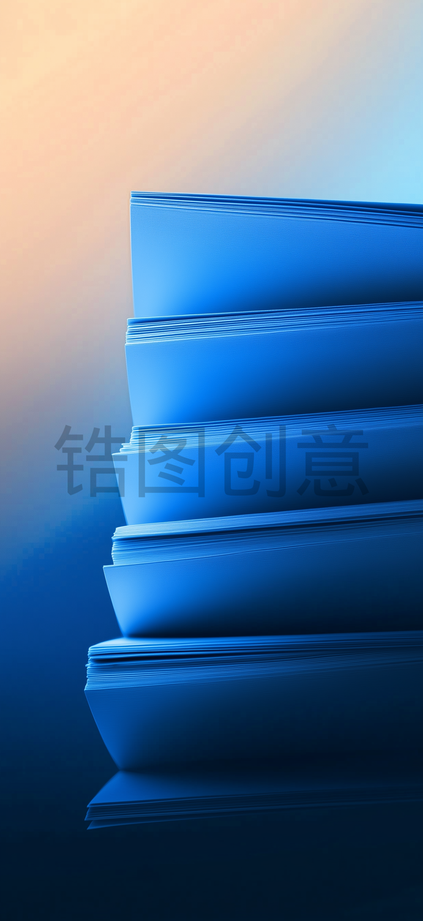 手机极简蓝色橙色渐变背景壁纸，一堆纸张特写，带有光影，简单的光影，极简主义，扁平设计, 模糊的边缘，干净的背景