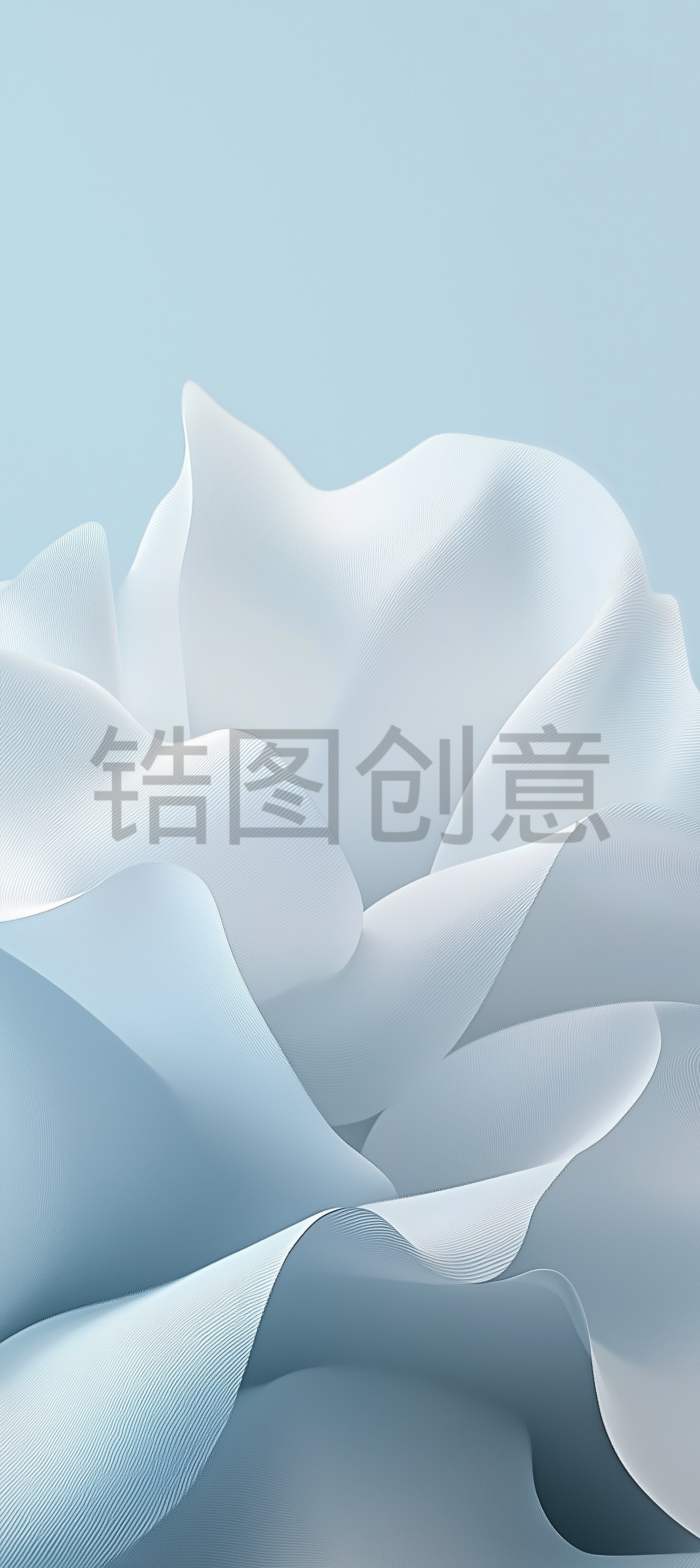 近距离拍摄由白纸材料制成的大型花瓣状结构，低角度拍摄，以cinema4D风格呈现，淡蓝色和灰色调背景