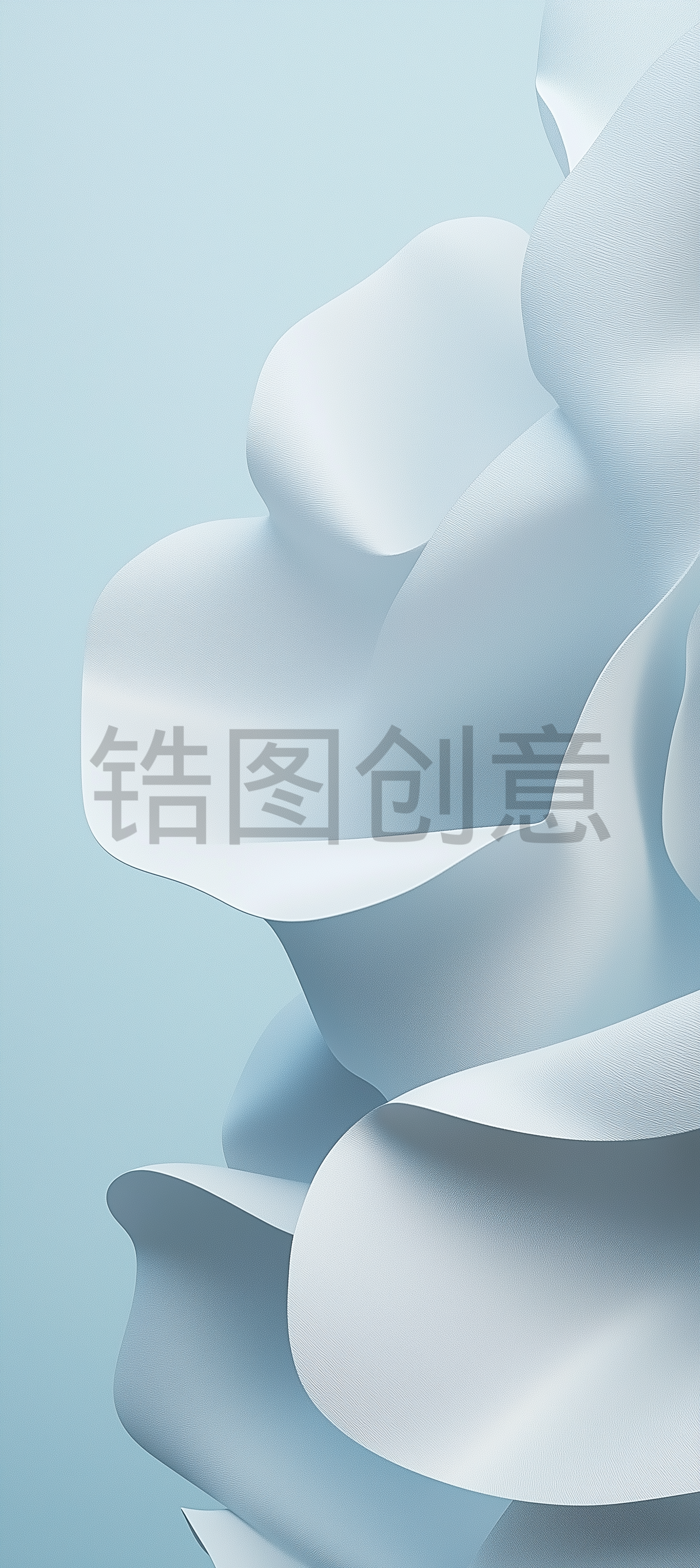近距离拍摄由白纸材料制成的大型花瓣状结构，低角度拍摄，以cinema4D风格呈现，极简设计，高分辨率，无阴影，淡蓝色和灰色调，重点放在花瓣上，简单而优雅的构图