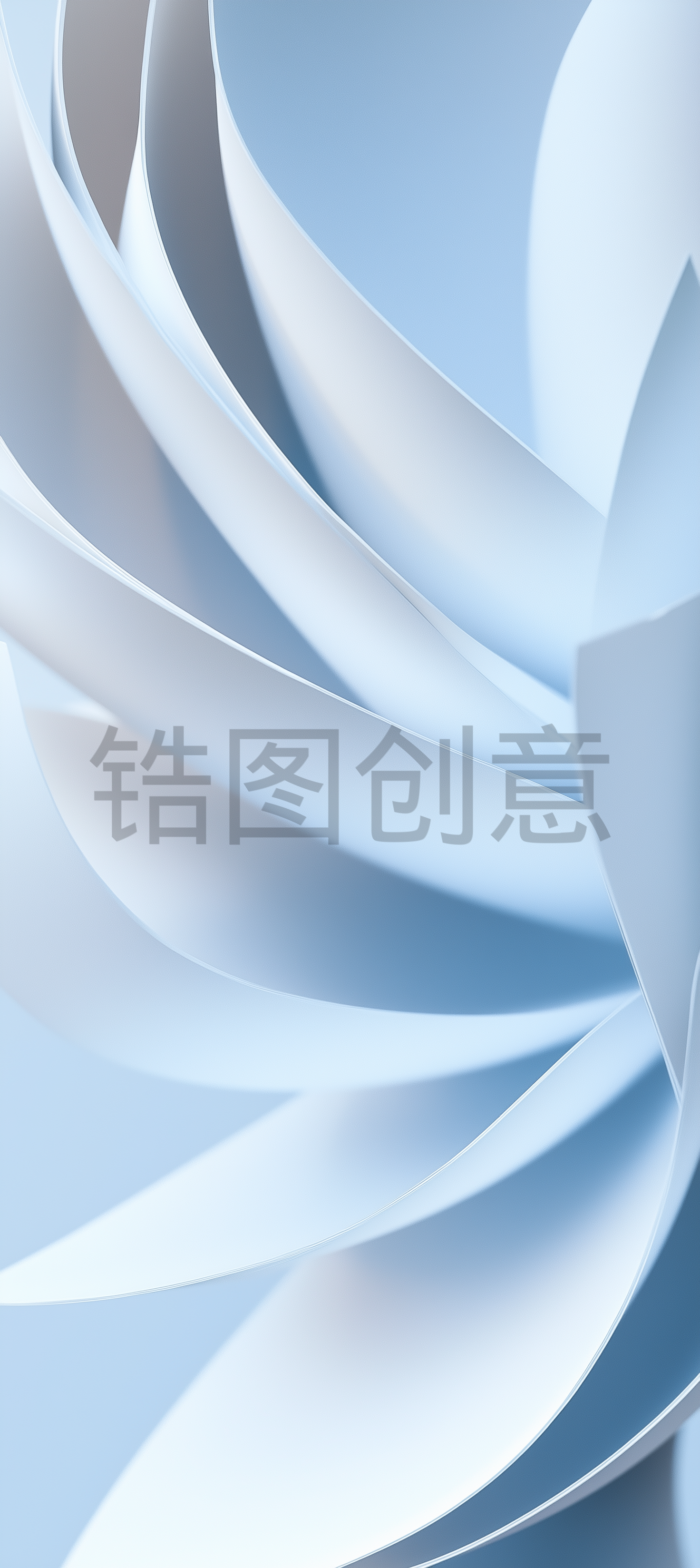 白纸表面纹理的特写，略微弯曲，形成三维花朵形状淡蓝色背景