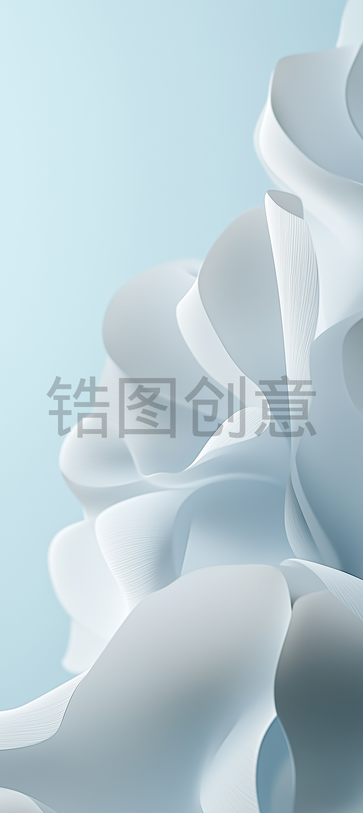 近距离拍摄由白纸材料制成的大型花瓣状结构，低角度拍摄，以cinema4D风格呈现，淡蓝色和灰色调背景