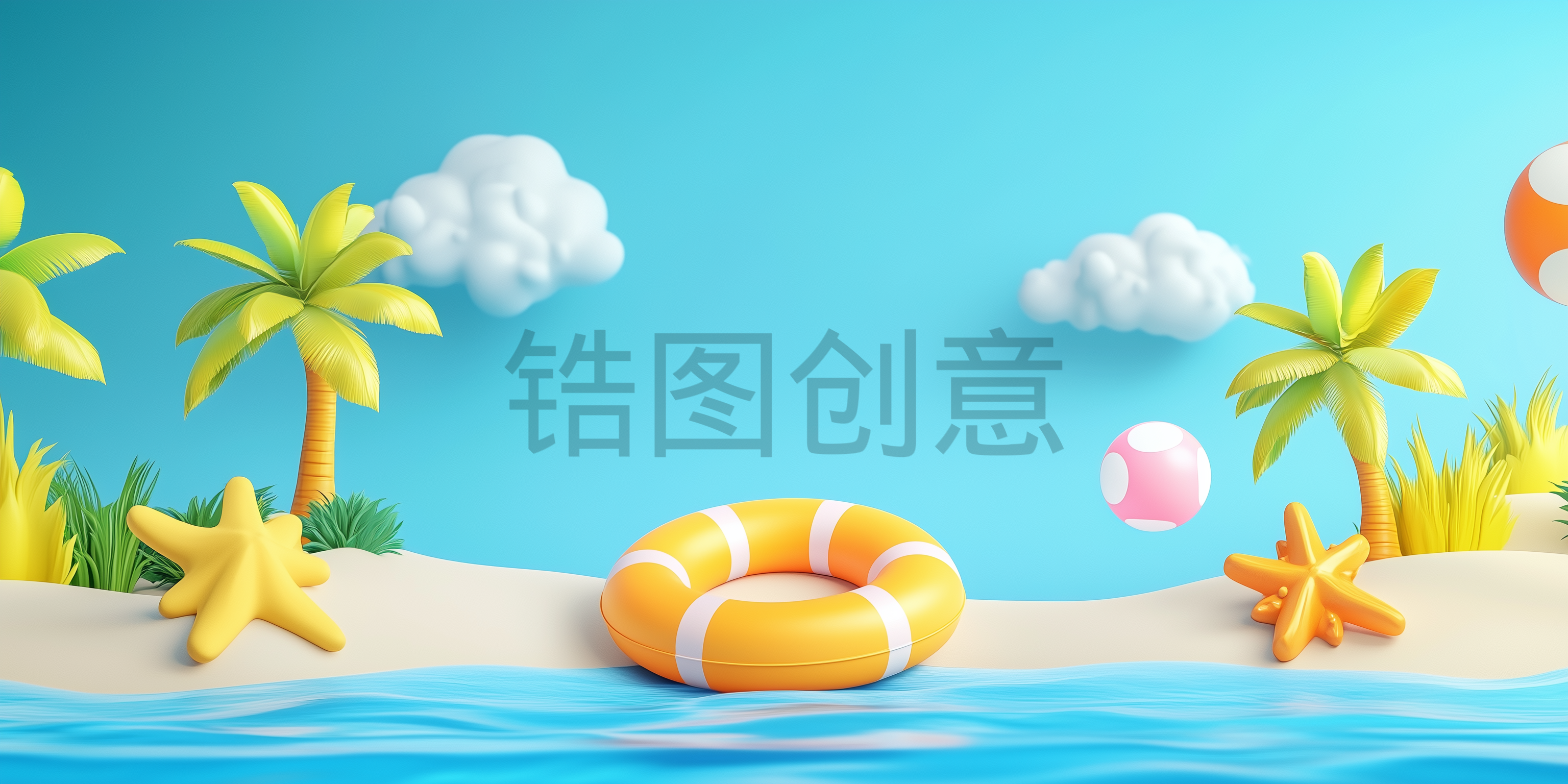 3d卡通夏天夏季夏日海边海水游泳圈清爽感场景图片