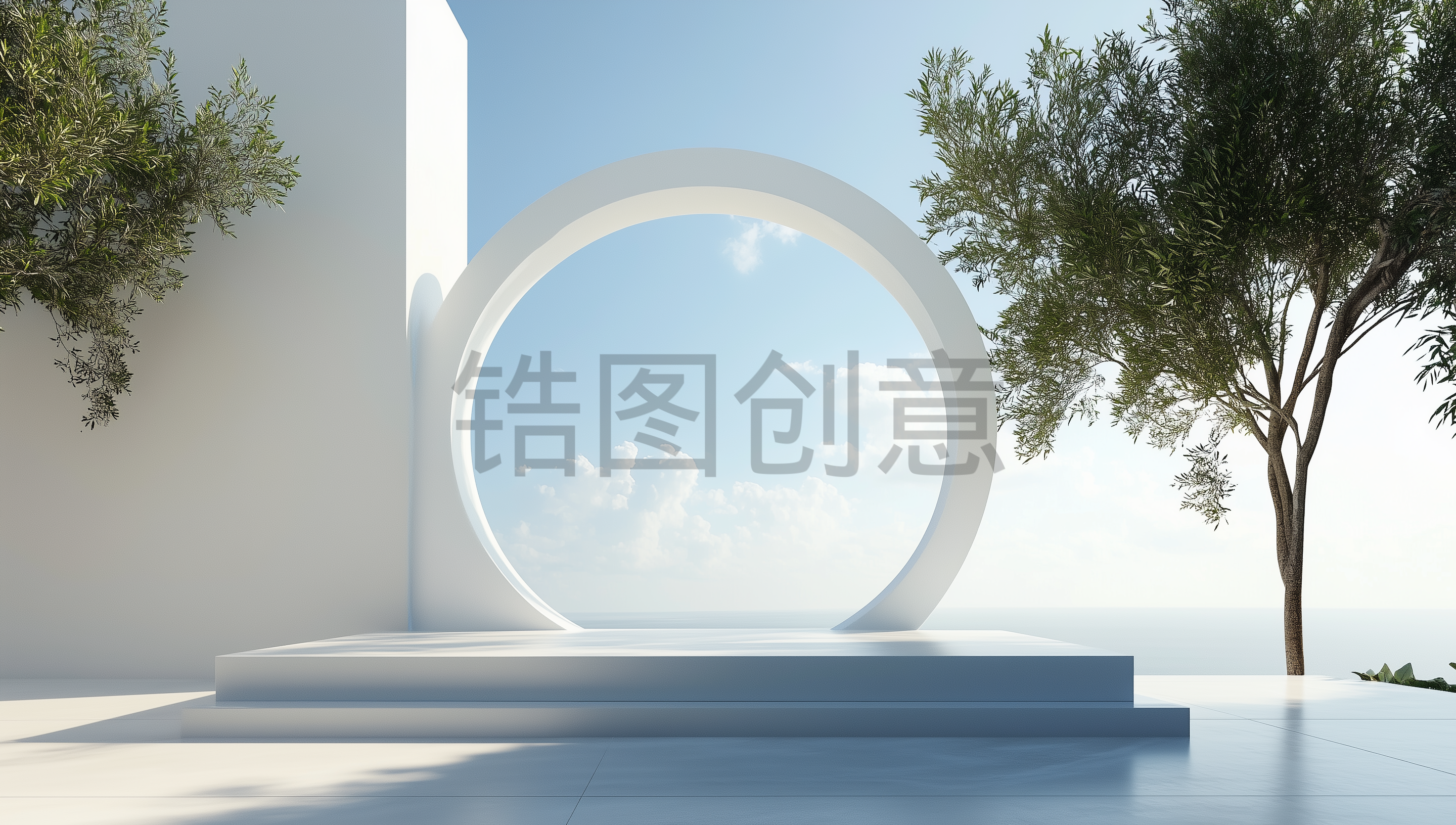电商夏天蓝天白云C4D椭圆形展台空间场景