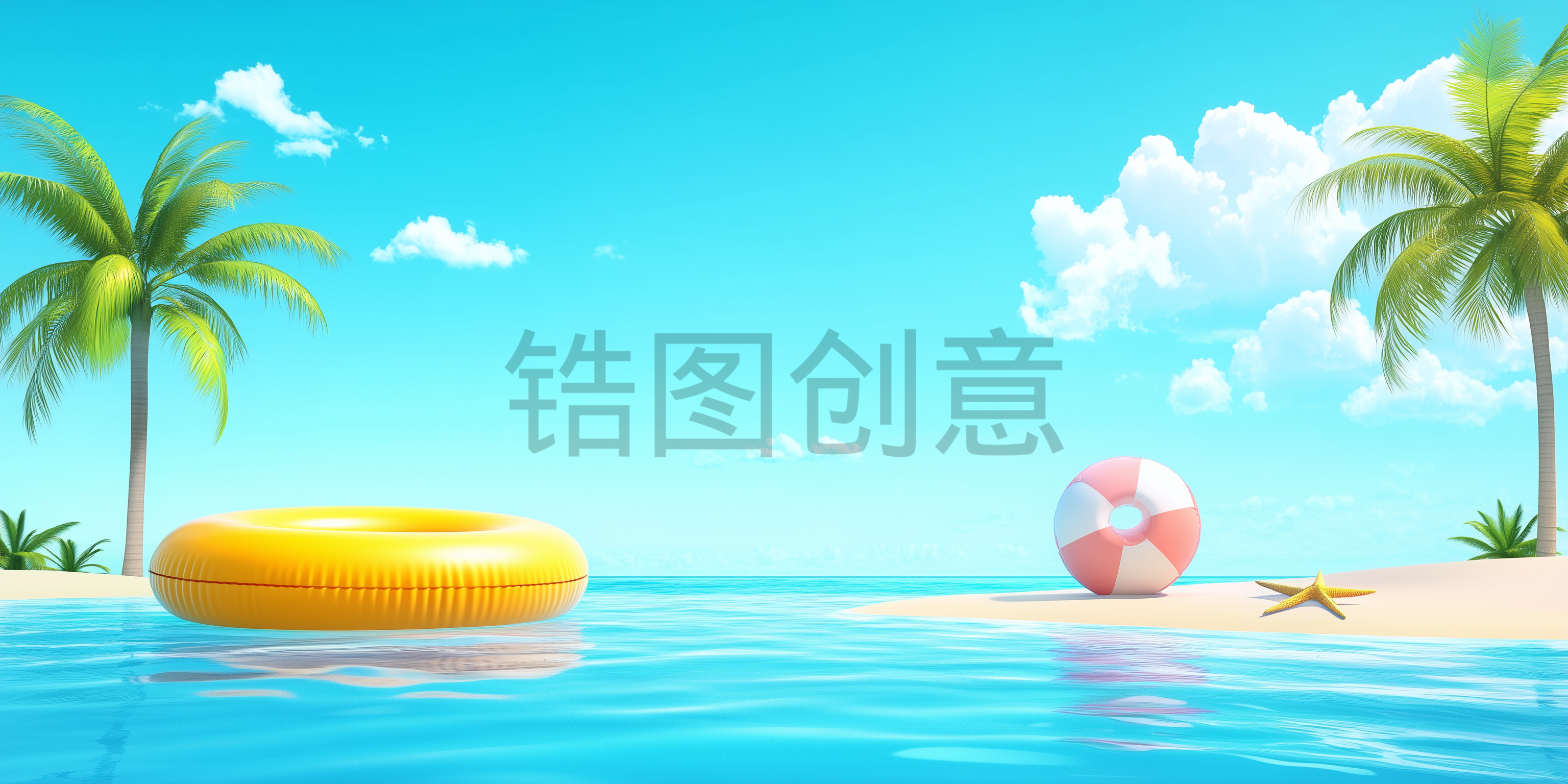夏天夏季夏日海边海水游泳圈清爽感场景图片