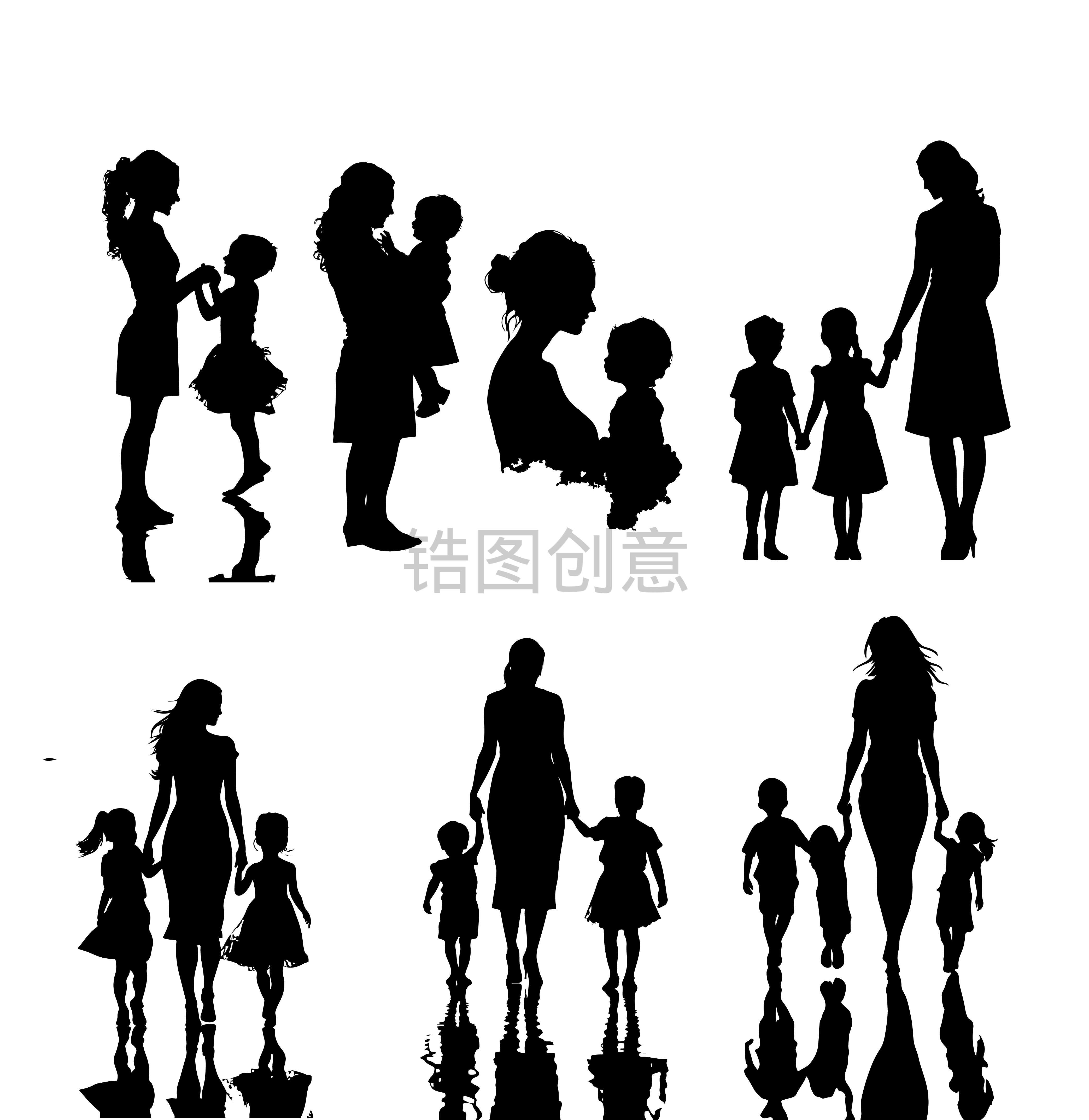 母亲节母子母女剪影人物元素