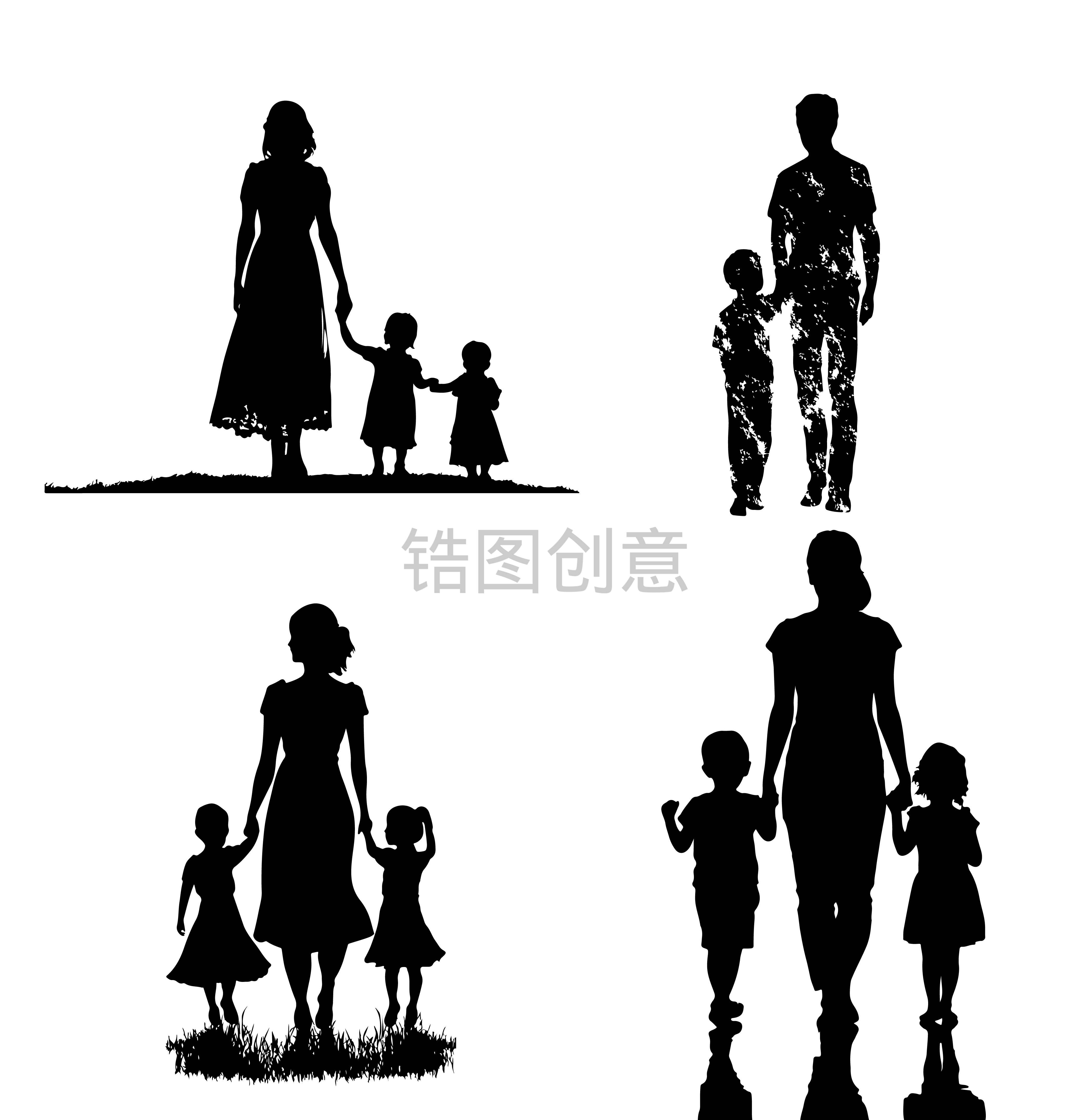 父子母子母女剪影元素