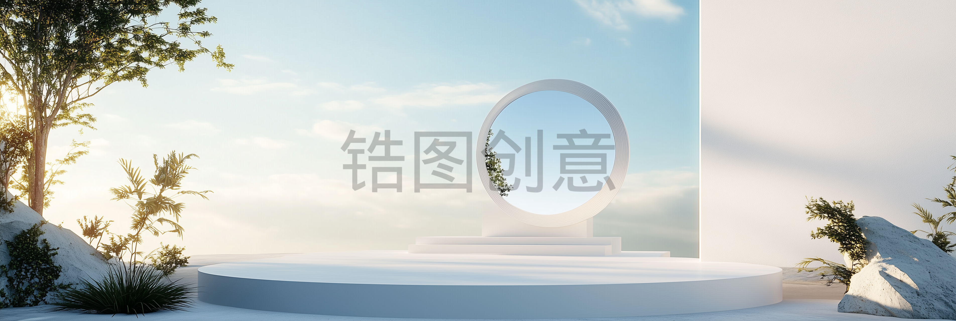 电商蓝天夏季C4D圆形镜面展台场景