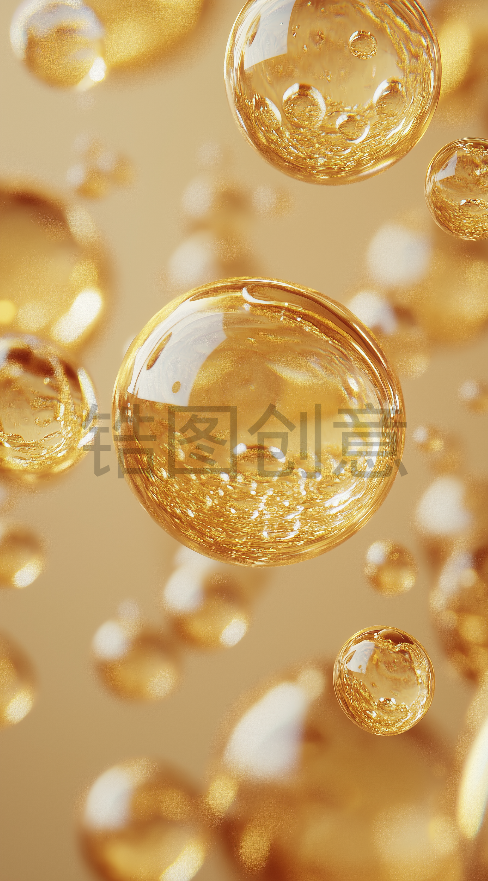 漂浮着的金色透明水分子油滴液体背景