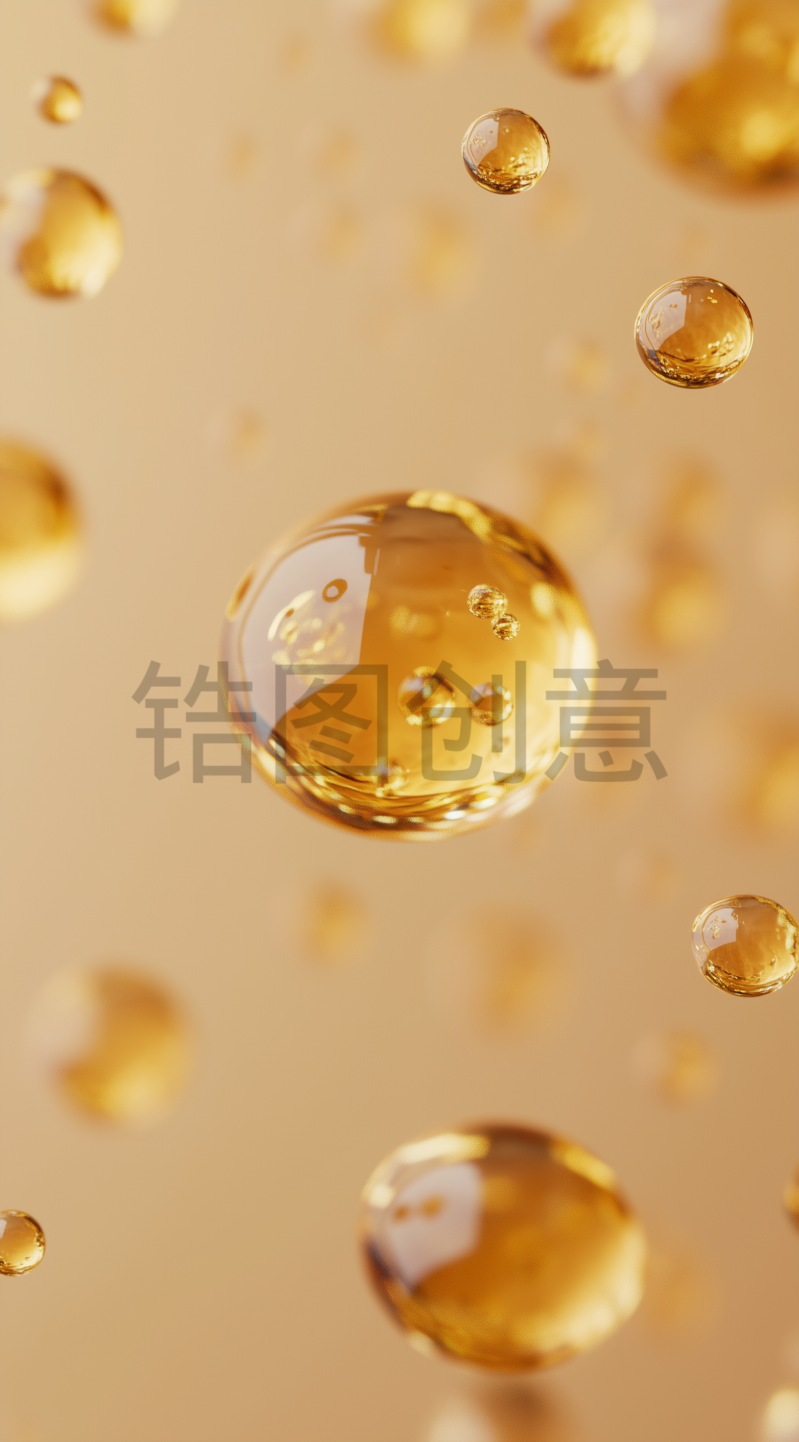 漂浮着的金色水分子油滴液体背景