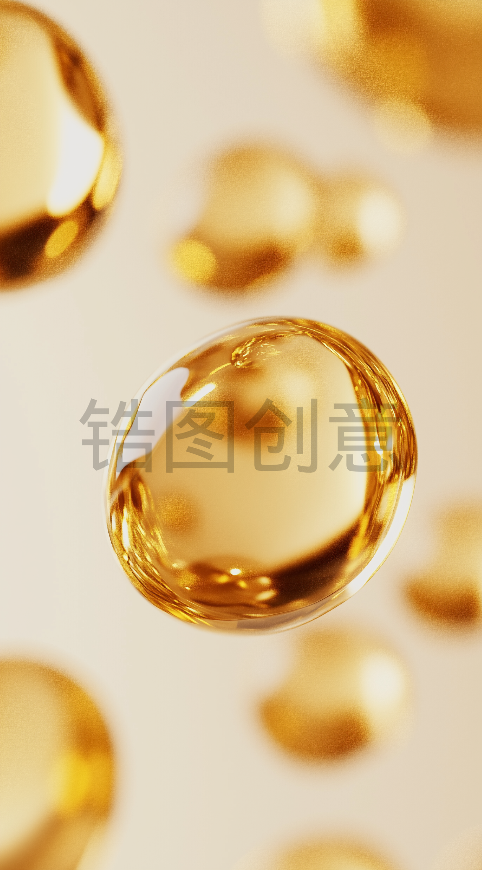 漂浮着的金色透明水分子油滴液体背景