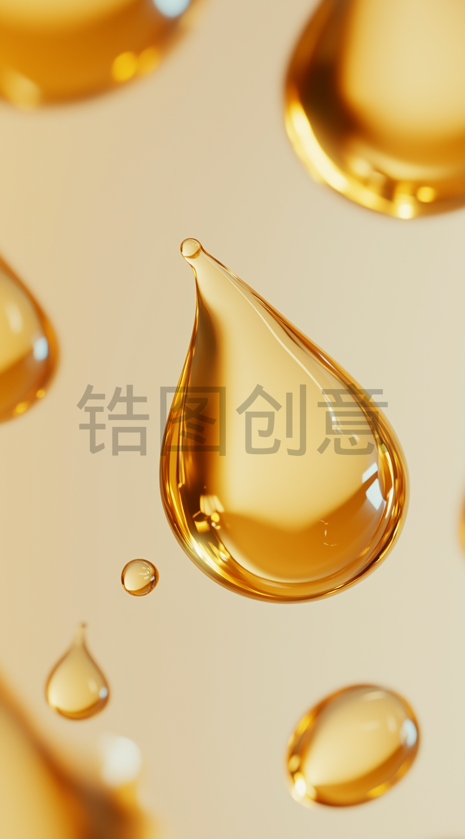 漂浮着的金色透明水分子油滴液体背景