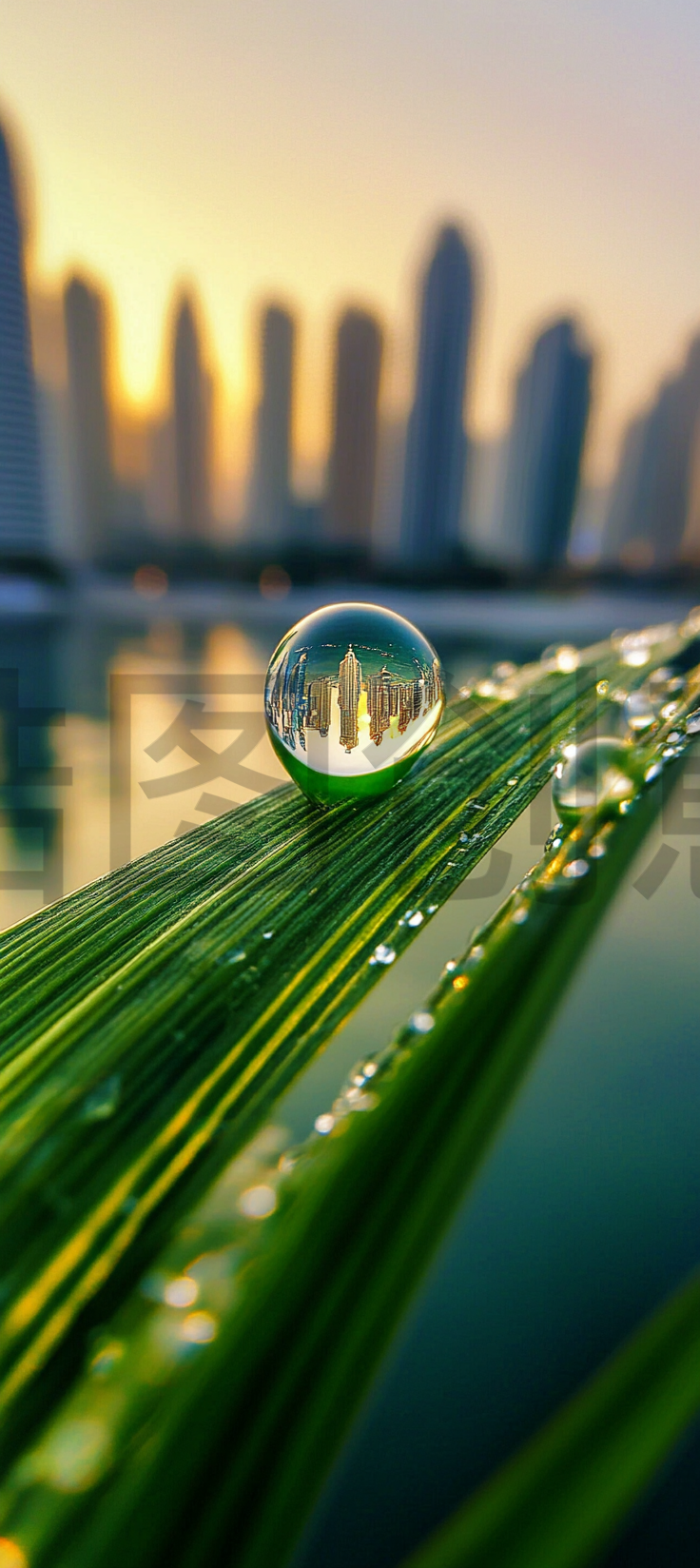 叶子上水滴雨滴水珠虚化城市背景