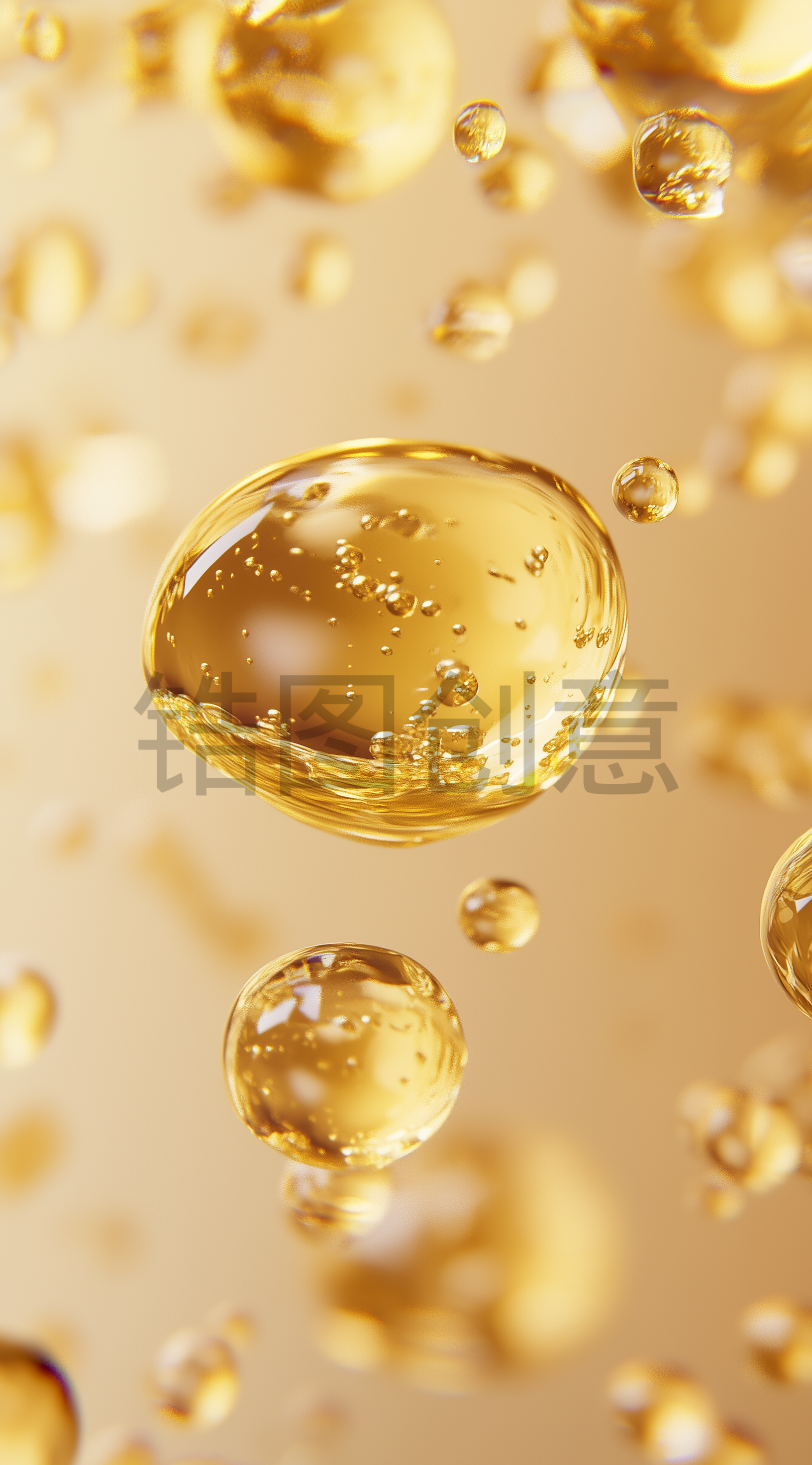 漂浮着的金色透明水分子油滴液体背景