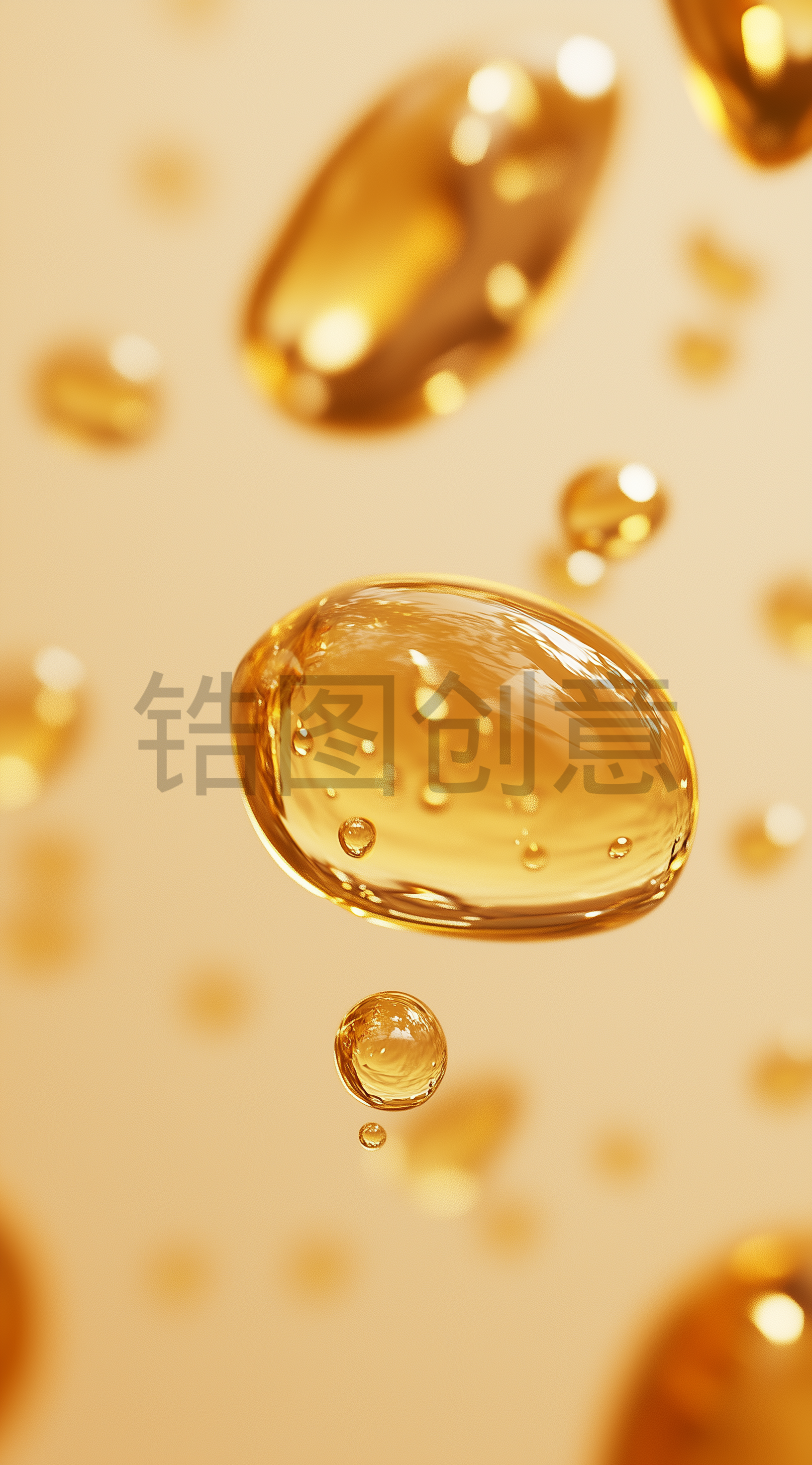 漂浮着的金色水分子油滴液体背景