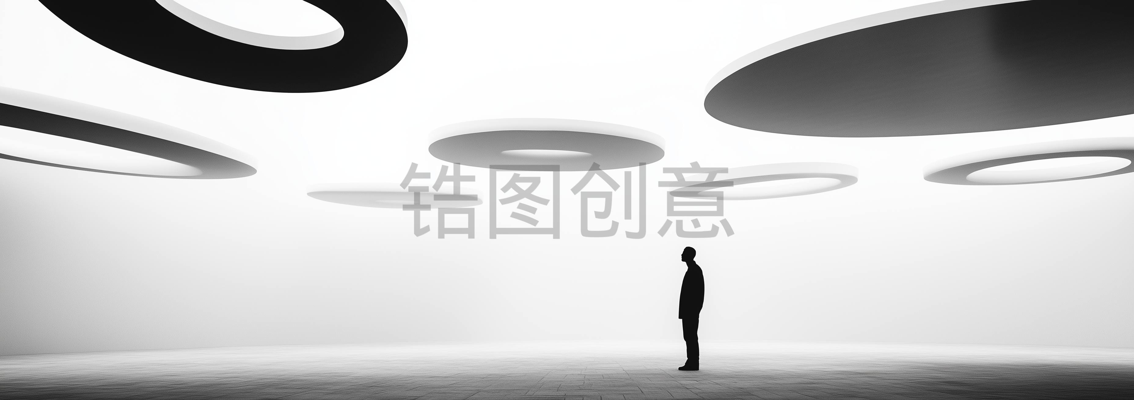 黑白调、极简主义、浮动的环、线条、空旷的空间、孤独、沉思、光线