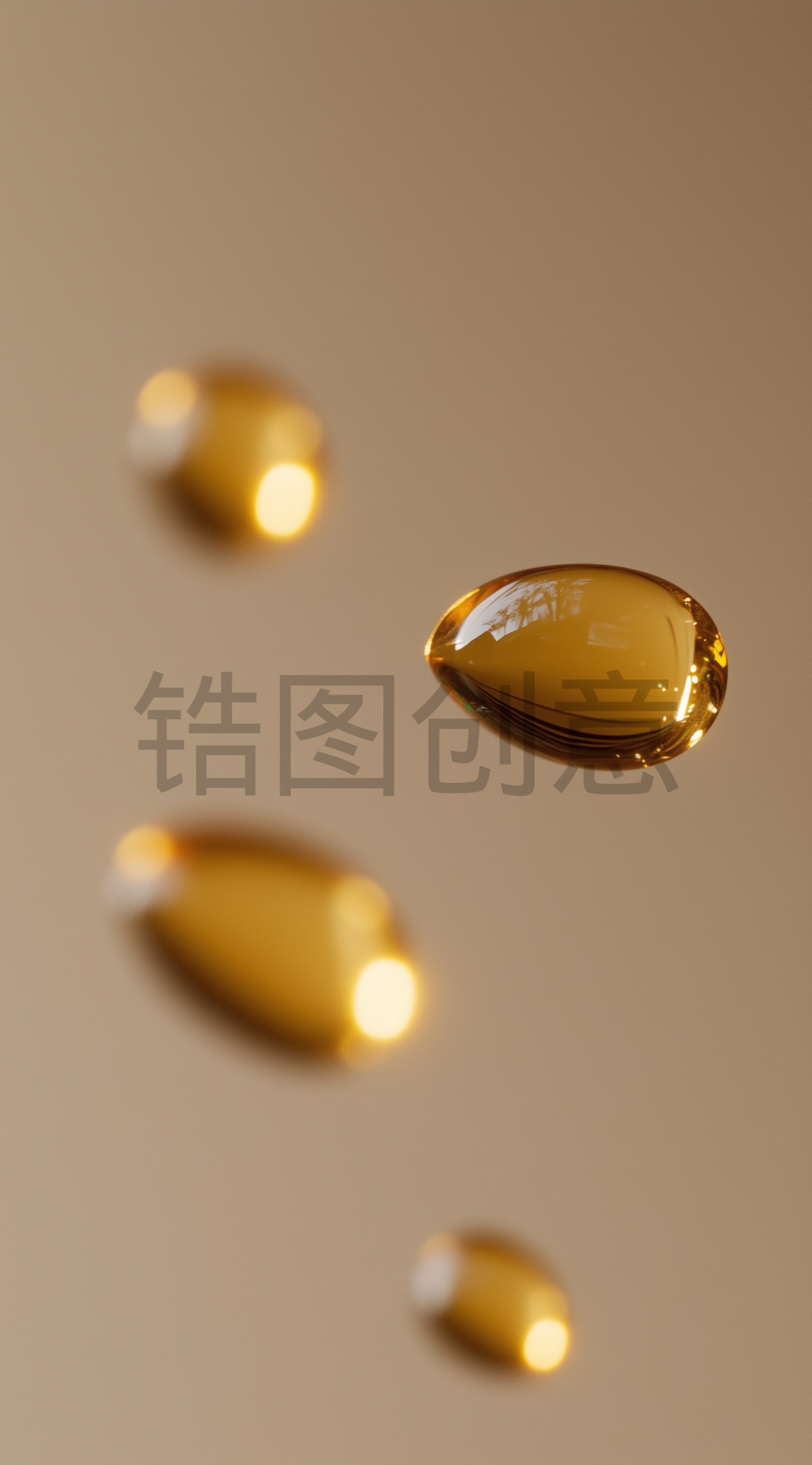 漂浮着的金色透明水分子油滴液体背景