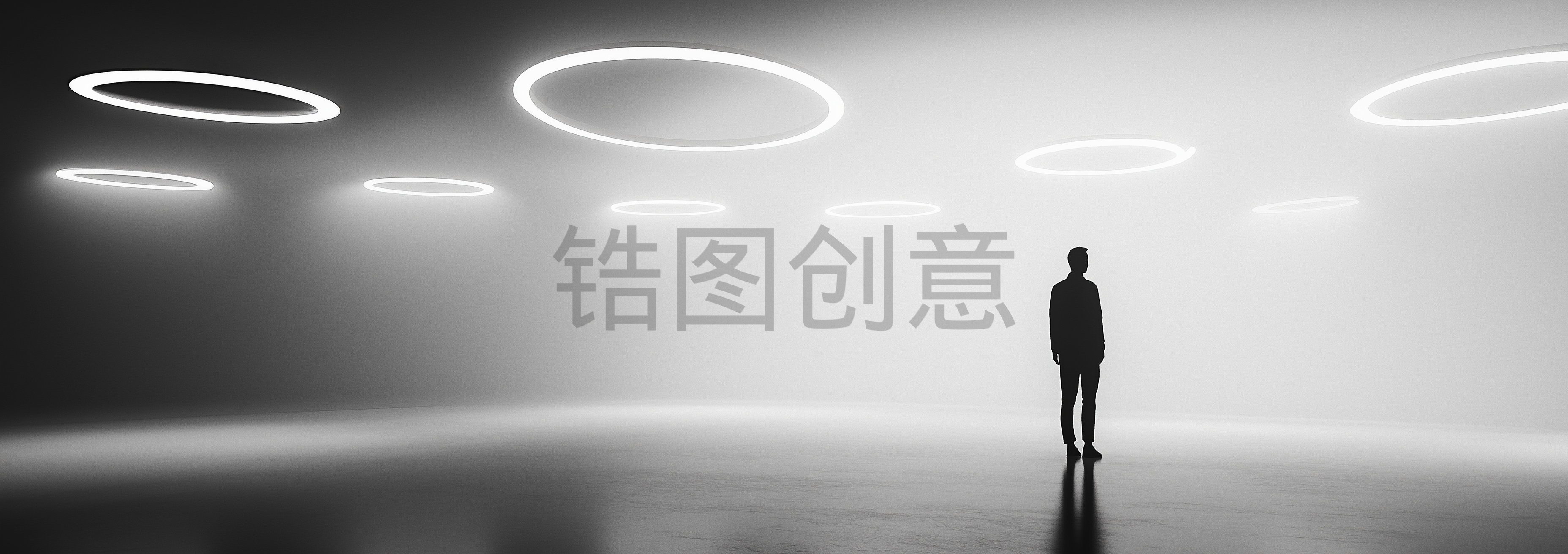 黑白调、极简主义、浮动的环、线条、空旷的空间、孤独、沉思、光线