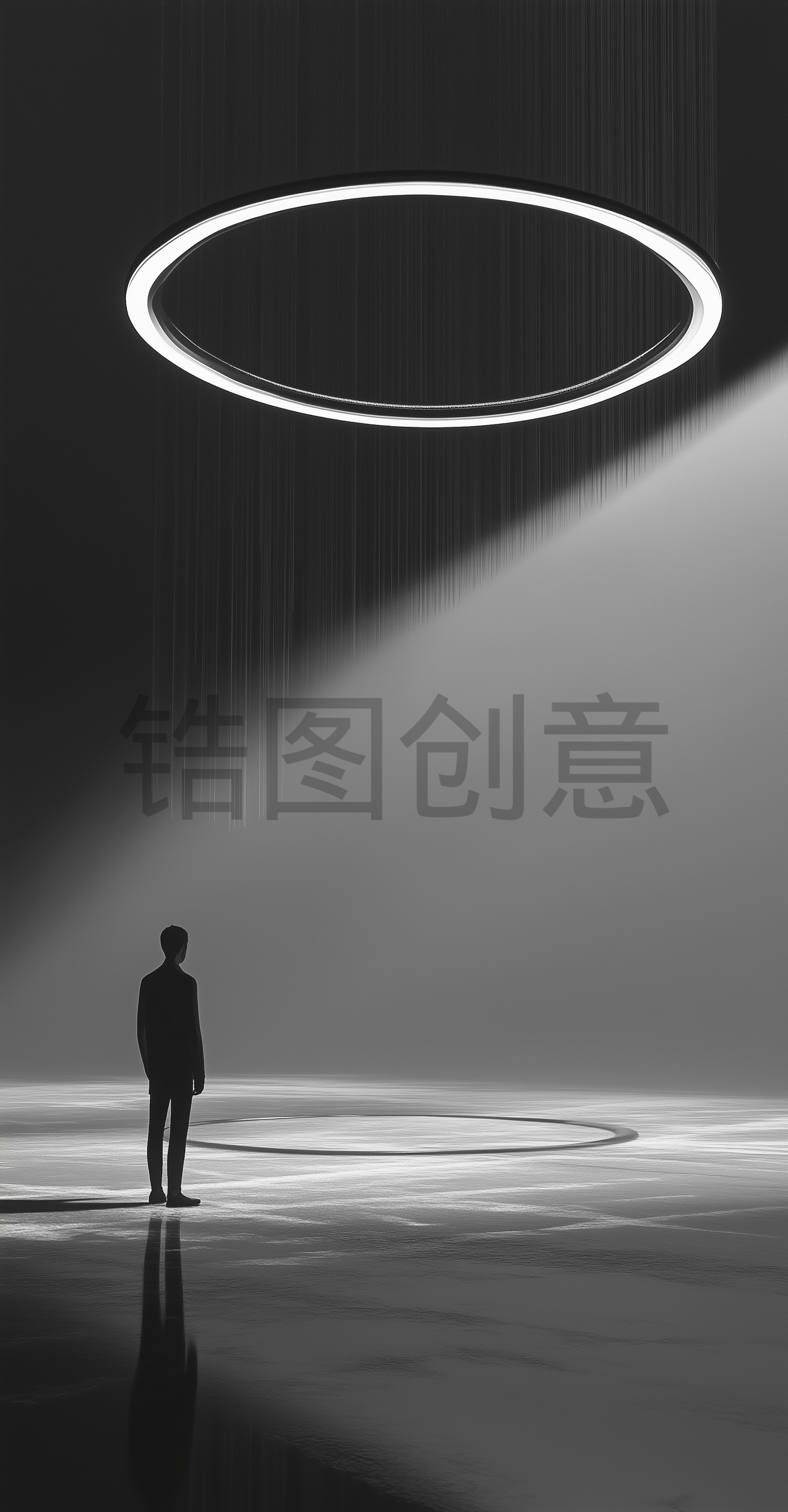 黑白调、极简主义、浮动的环、线条、空旷的空间、孤独、沉思、光线