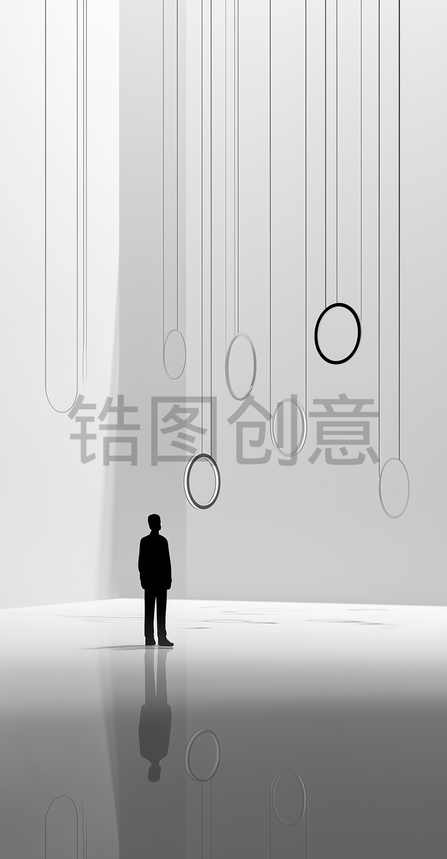 黑白调、极简主义、浮动的环、线条、空旷的空间、孤独、沉思、光线