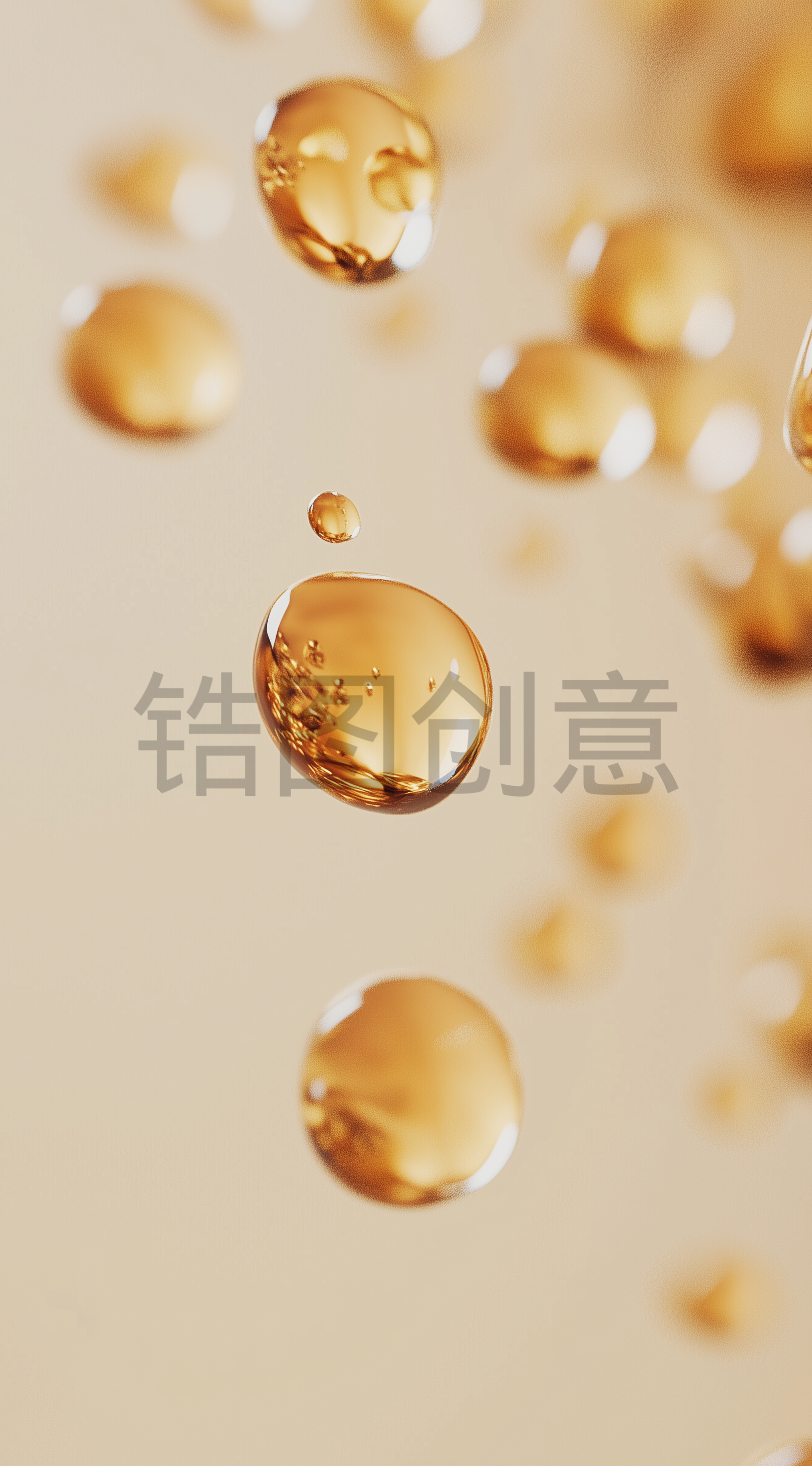 漂浮着的金色透明水分子油滴液体背景