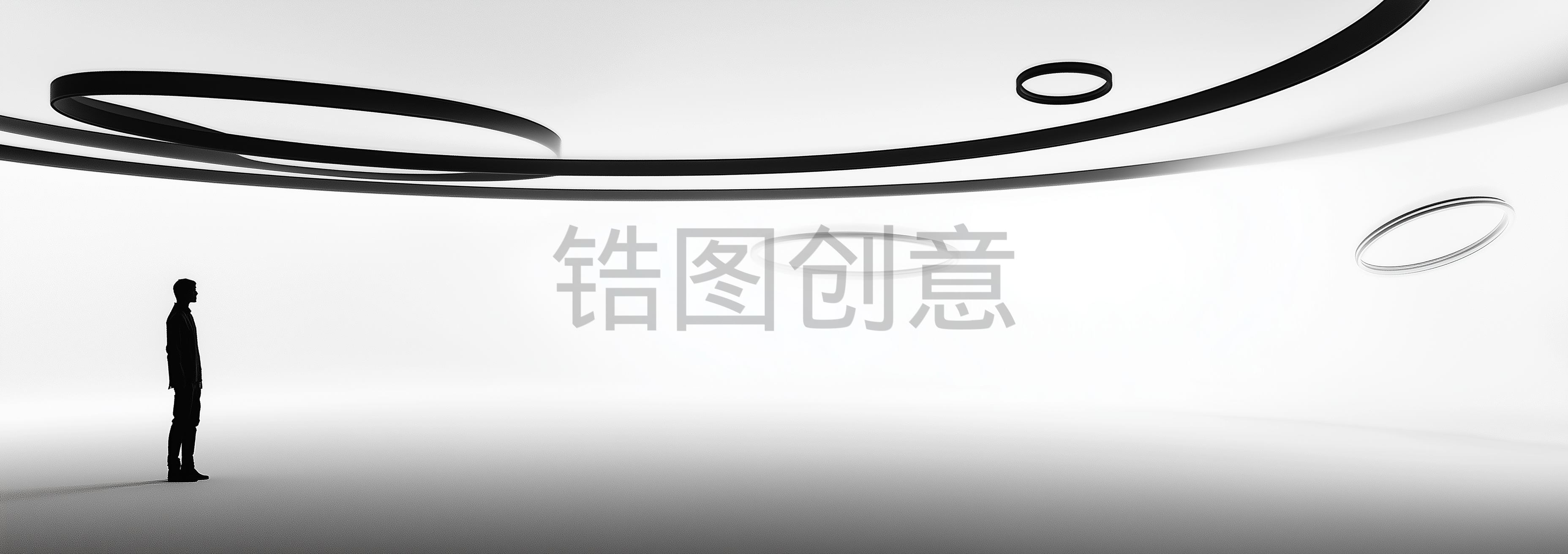 黑白调、极简主义、浮动的环、线条、空旷的空间、孤独、沉思、光线