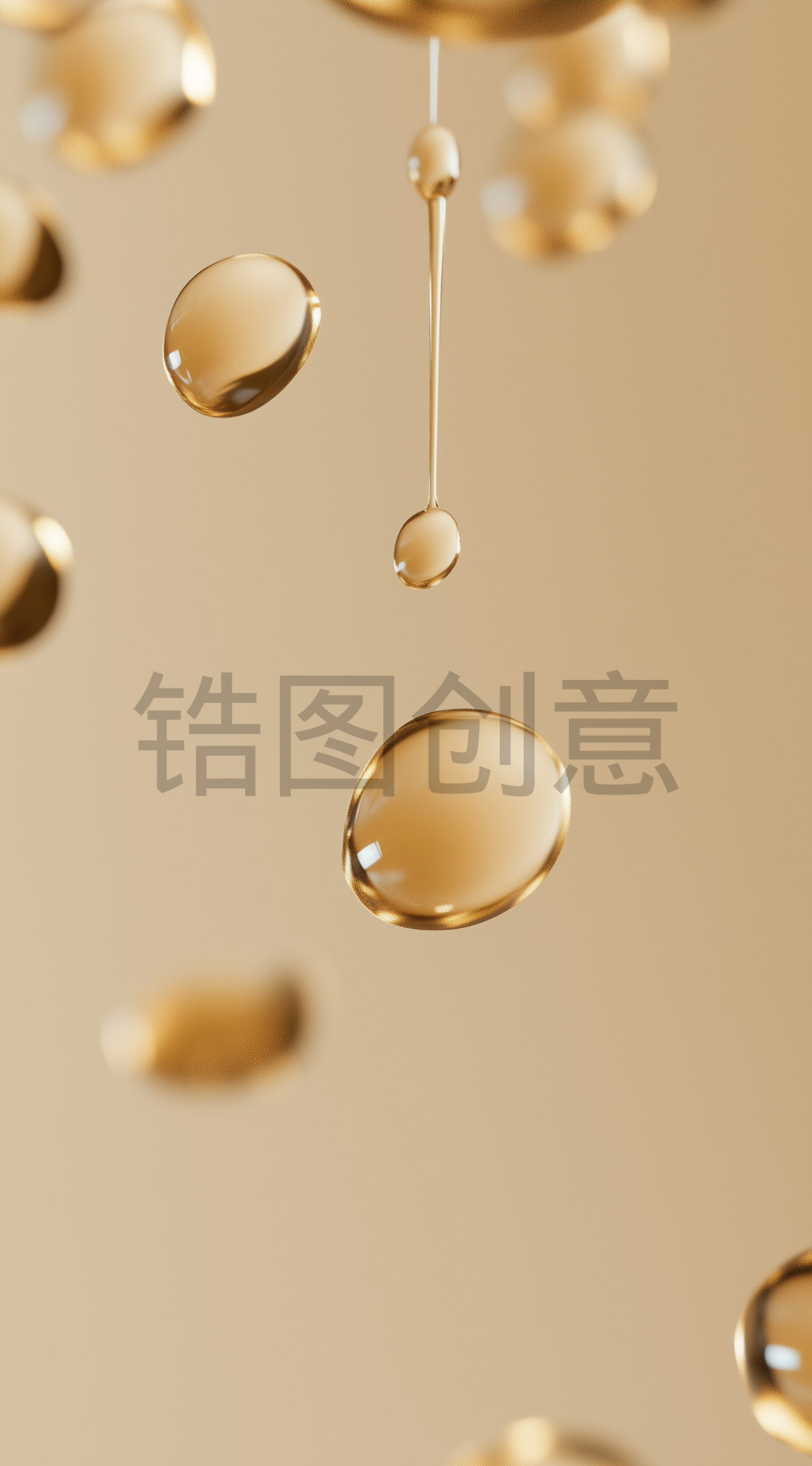 漂浮着的金色透明水分子油滴液体背景