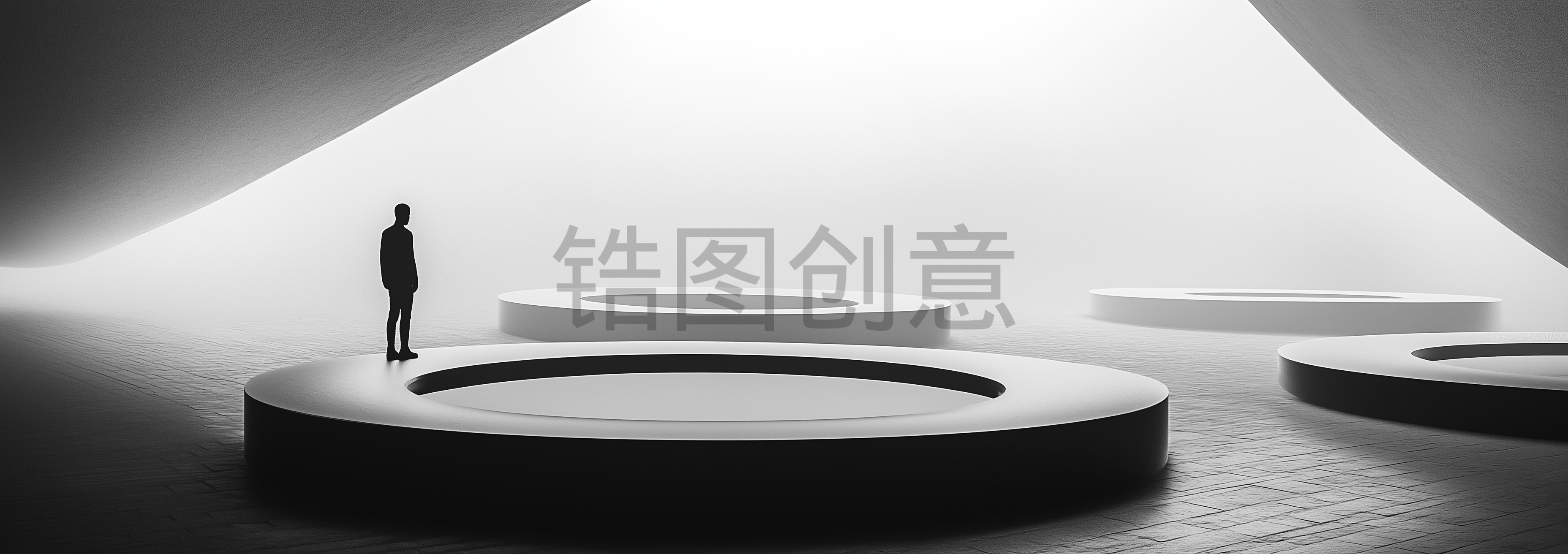 黑白调、极简主义、浮动的环、线条、空旷的空间、孤独、沉思、光线