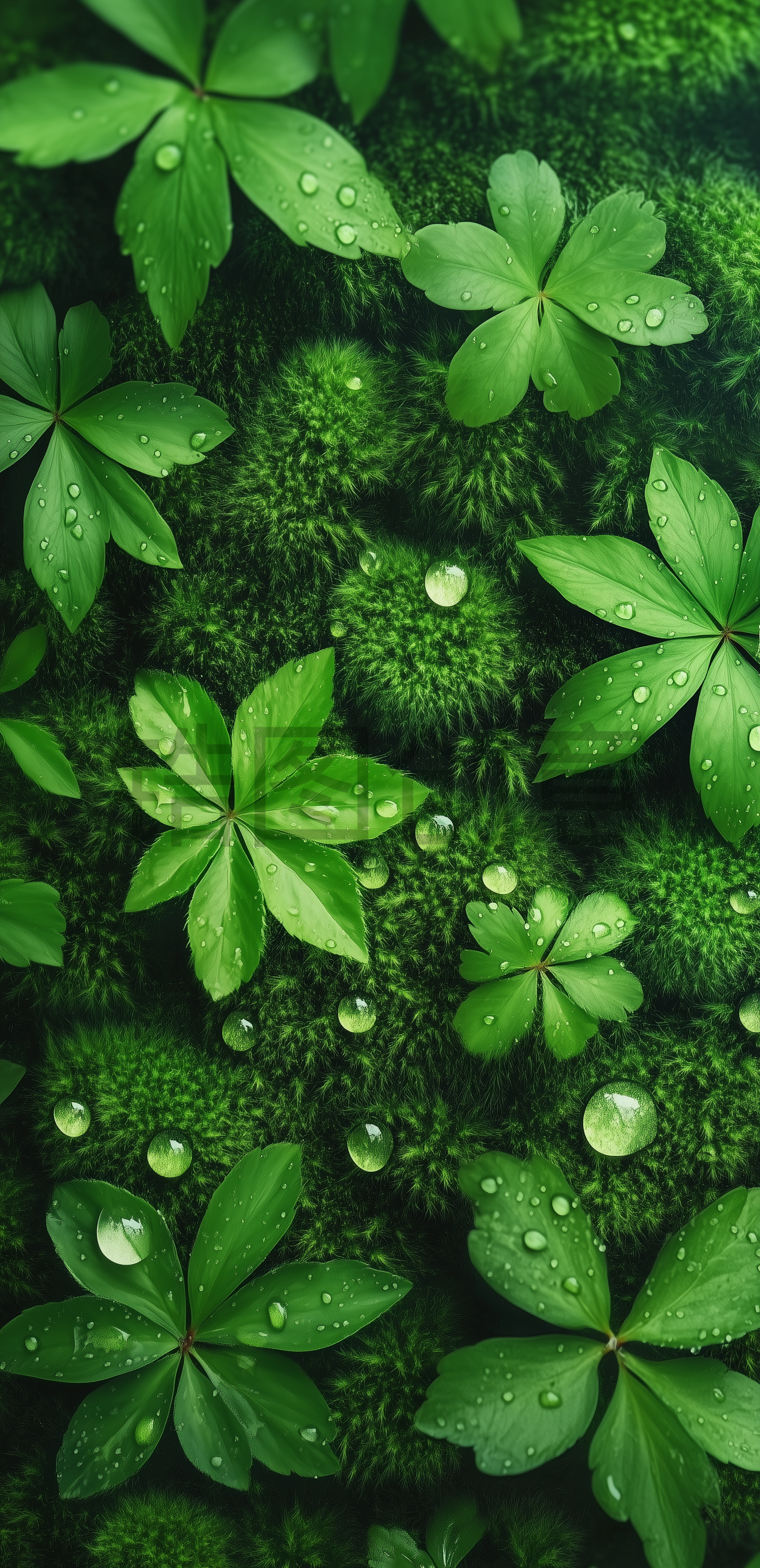 顶视图绿色植物雨滴自然背景