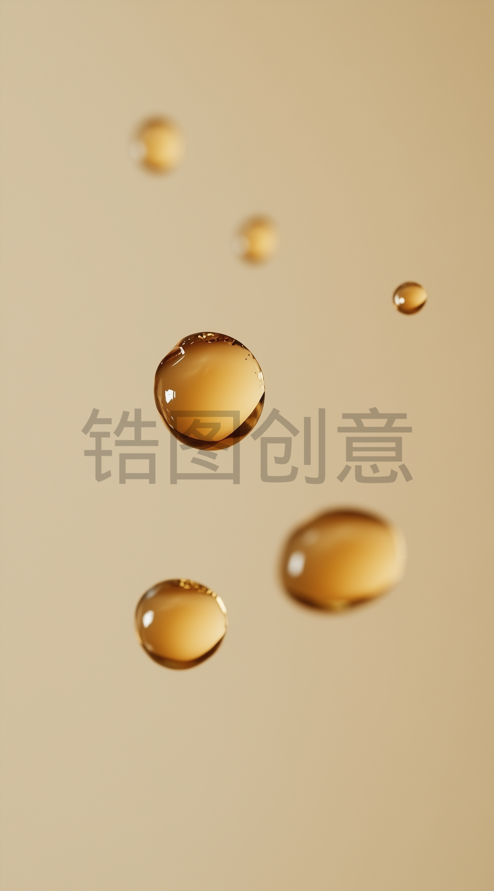 漂浮着的金色透明水分子油滴液体背景