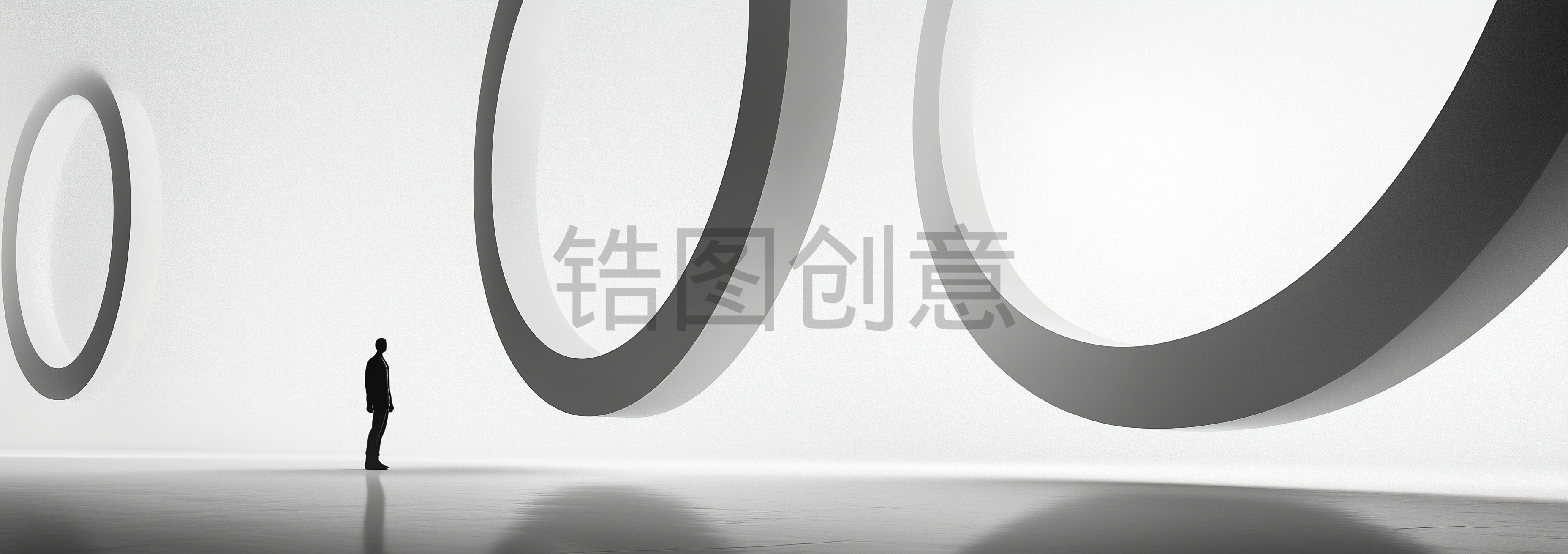 黑白调、极简主义、浮动的环、线条、空旷的空间、孤独、沉思、光线