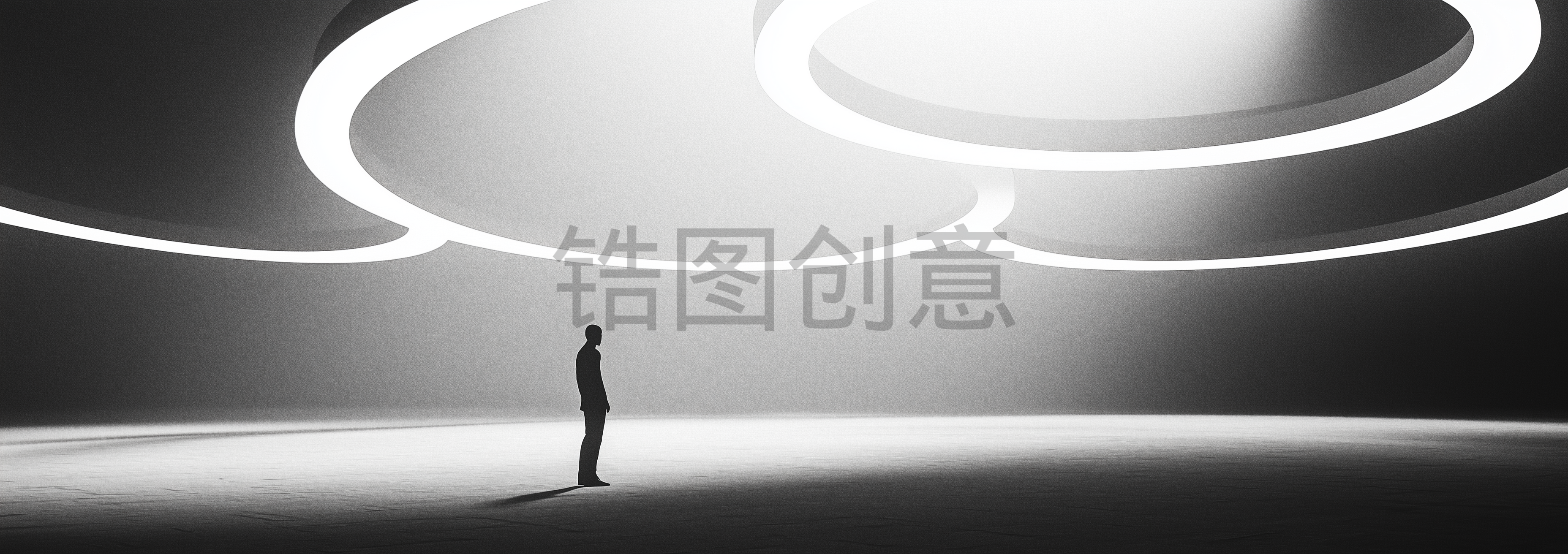 黑白调、极简主义、浮动的环、线条、空旷的空间、孤独、沉思、光线