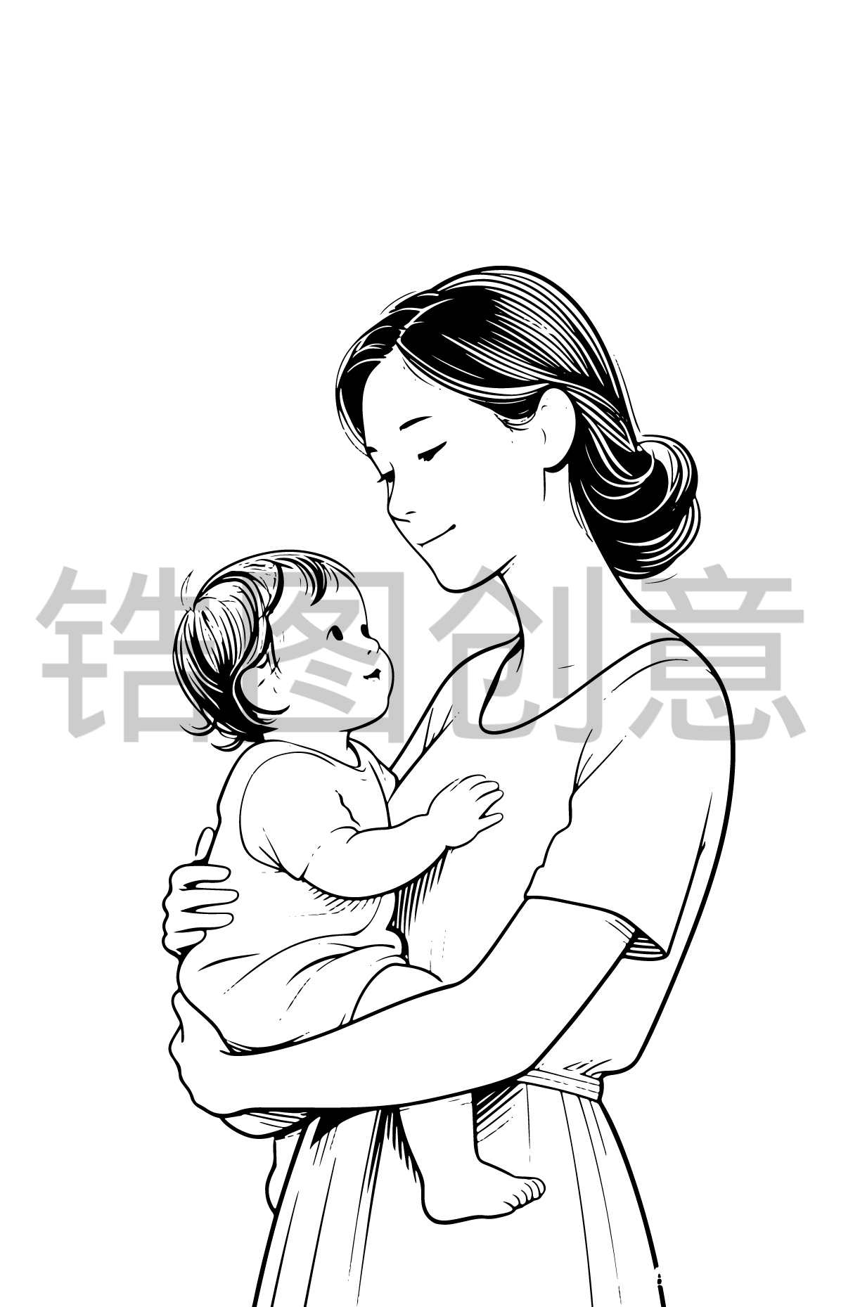母亲抱着婴儿人物线稿剪影元素