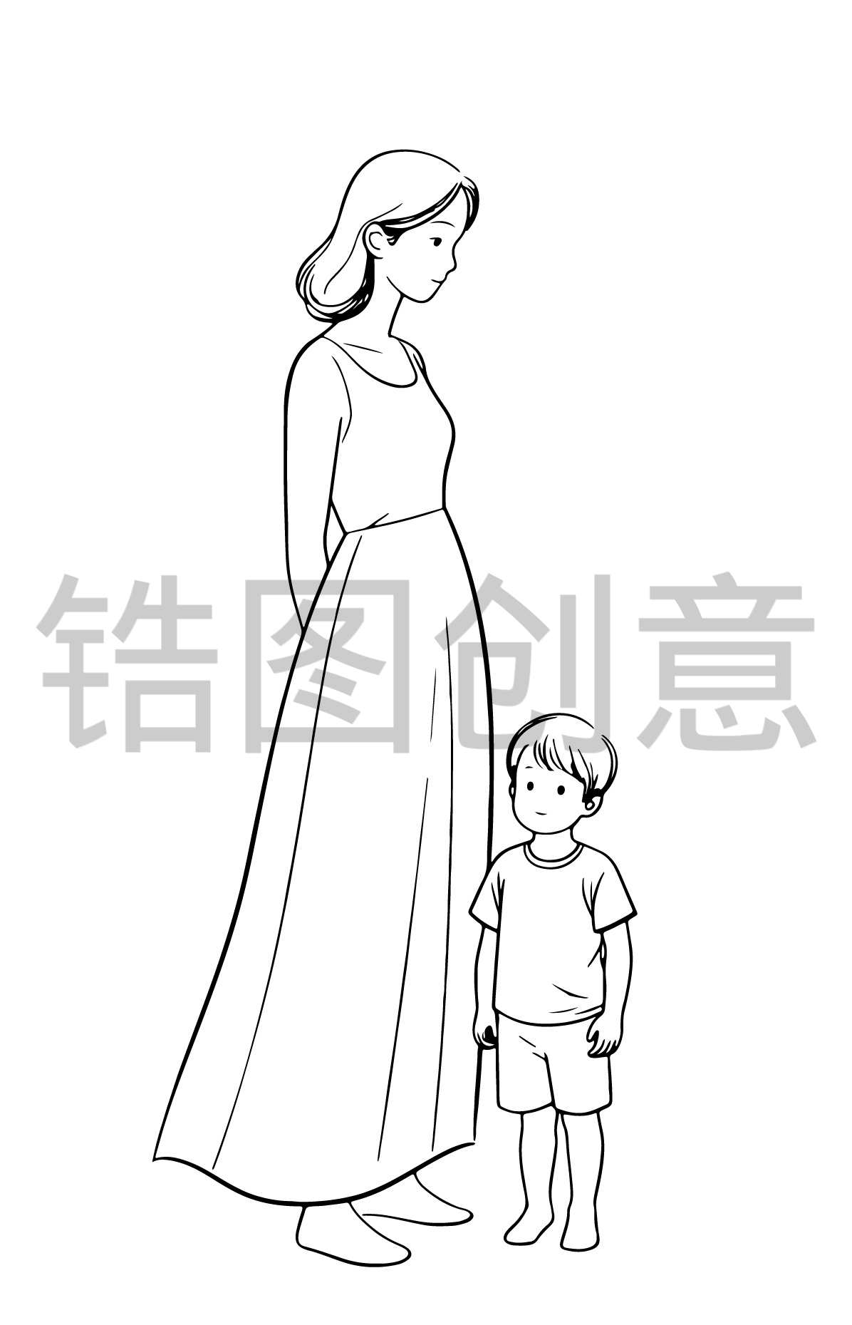母亲和小孩人物线稿剪影元素